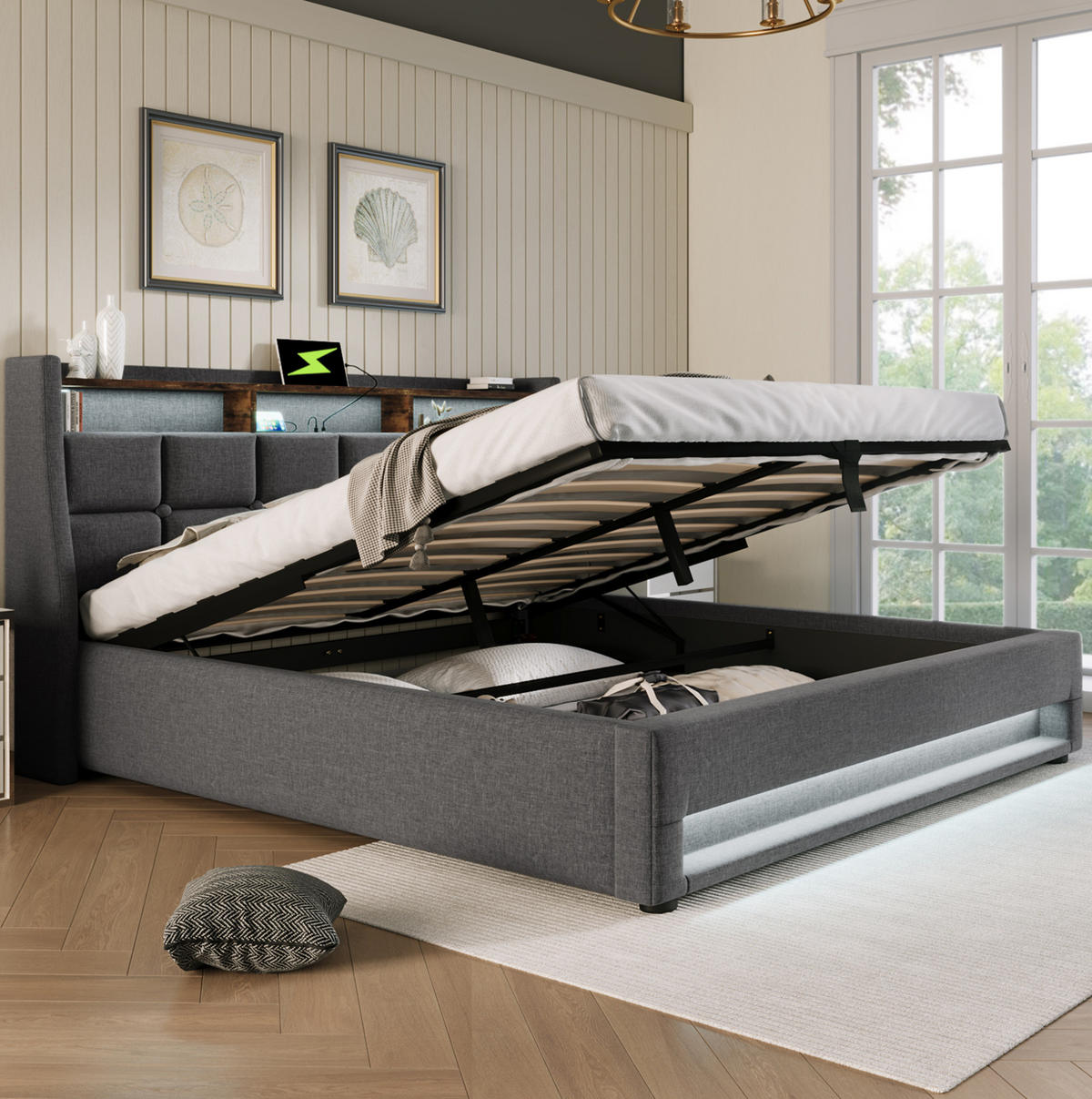 POLSTERBETT mit Stauraum und USB 160x200 cm Grau - Grau, Metall (160/200cm) - Meubliv