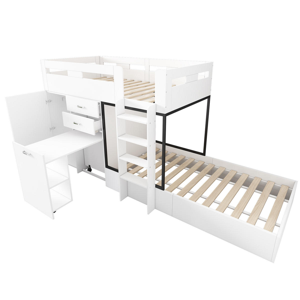 ETAGENBETT 90/200 cm weiß und schwarz aus MDF mit ausziehbarem Schreibtisch - Weiß, Holzwerkstoff (90/200cm) - OKWISH