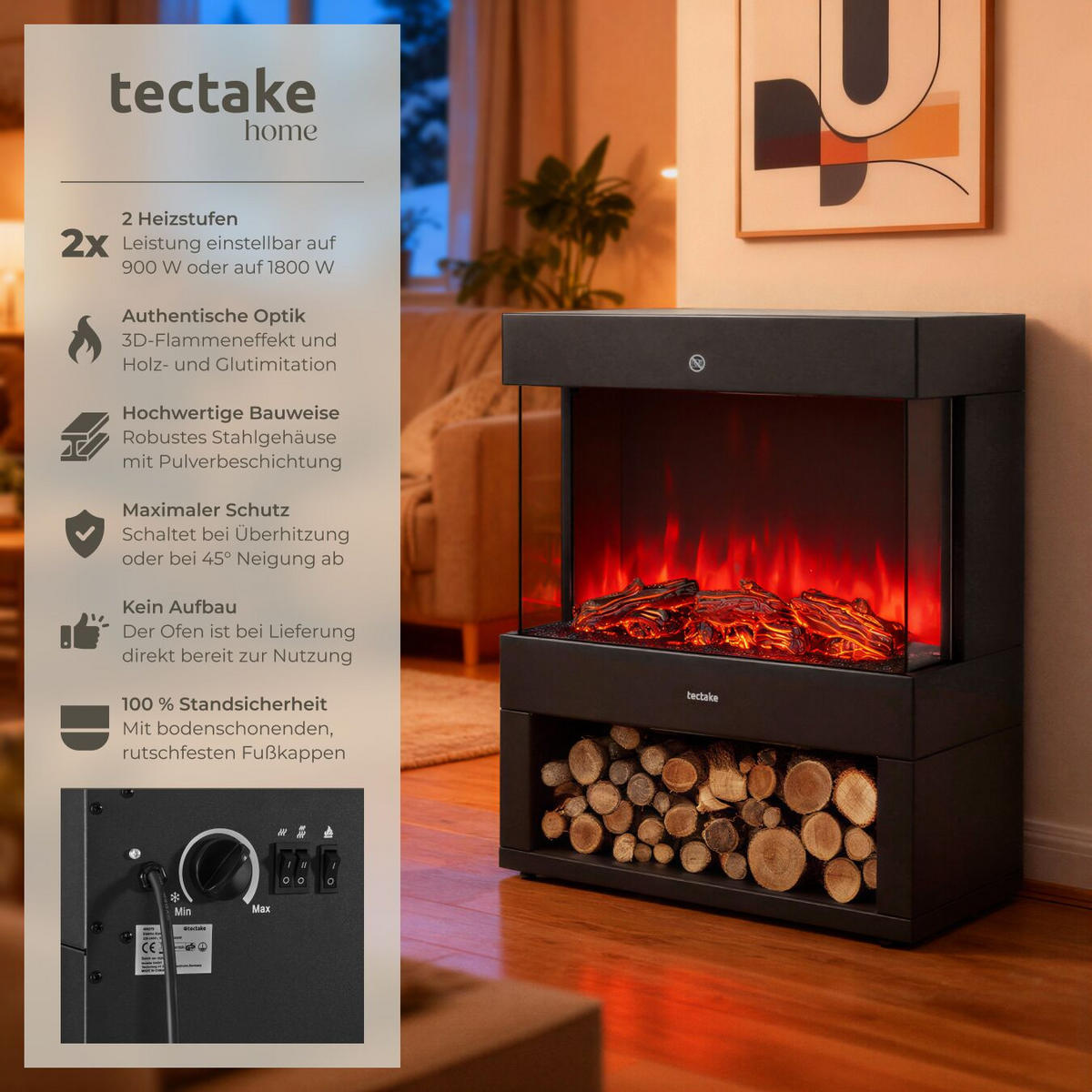 ELEKTROKAMIN Leora,integriertes Thermostat,schwarz - Schwarz, Metall (60/73.5/33cm) - tectake