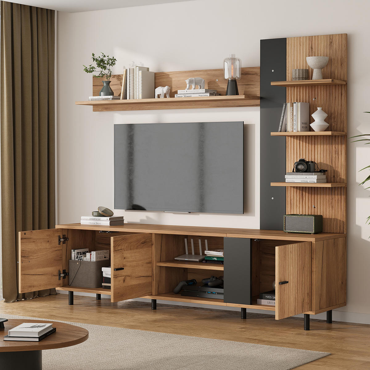WOHNWAND in Schwarz-Holzoptik 187,5/40/167 cm aus Spanplatte mit TV-Board, Vitrine, Schränken und Regalen - Walnussfarben/Schwarz, Holz/Holzwerkstoff (187.5/167/40cm) - CHICFURN