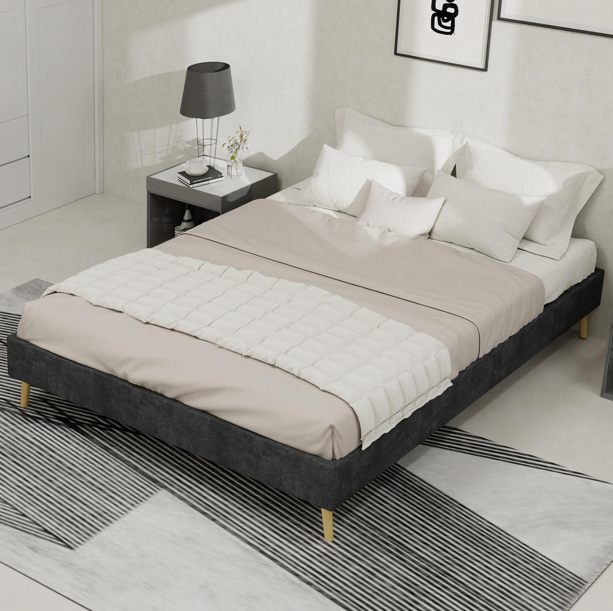 POLSTERBETT 140/200 cm grau aus Stoff und Metall mit Stauraum - Grau, Textil (140/200cm) - OKWISH