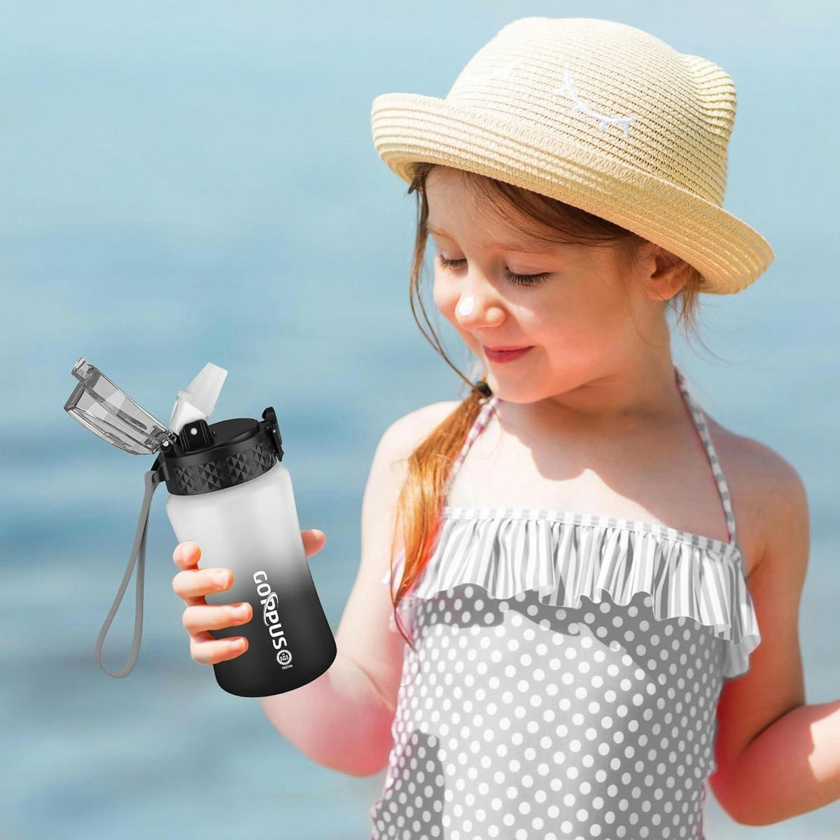 TRINKFLASCHE Kinder 350 ml mit Strohhalm und Zeitmarkierung BPA-frei auslaufsicher weiß-schwarz - Multicolor, Kunststoff (6.5/6.5cm)