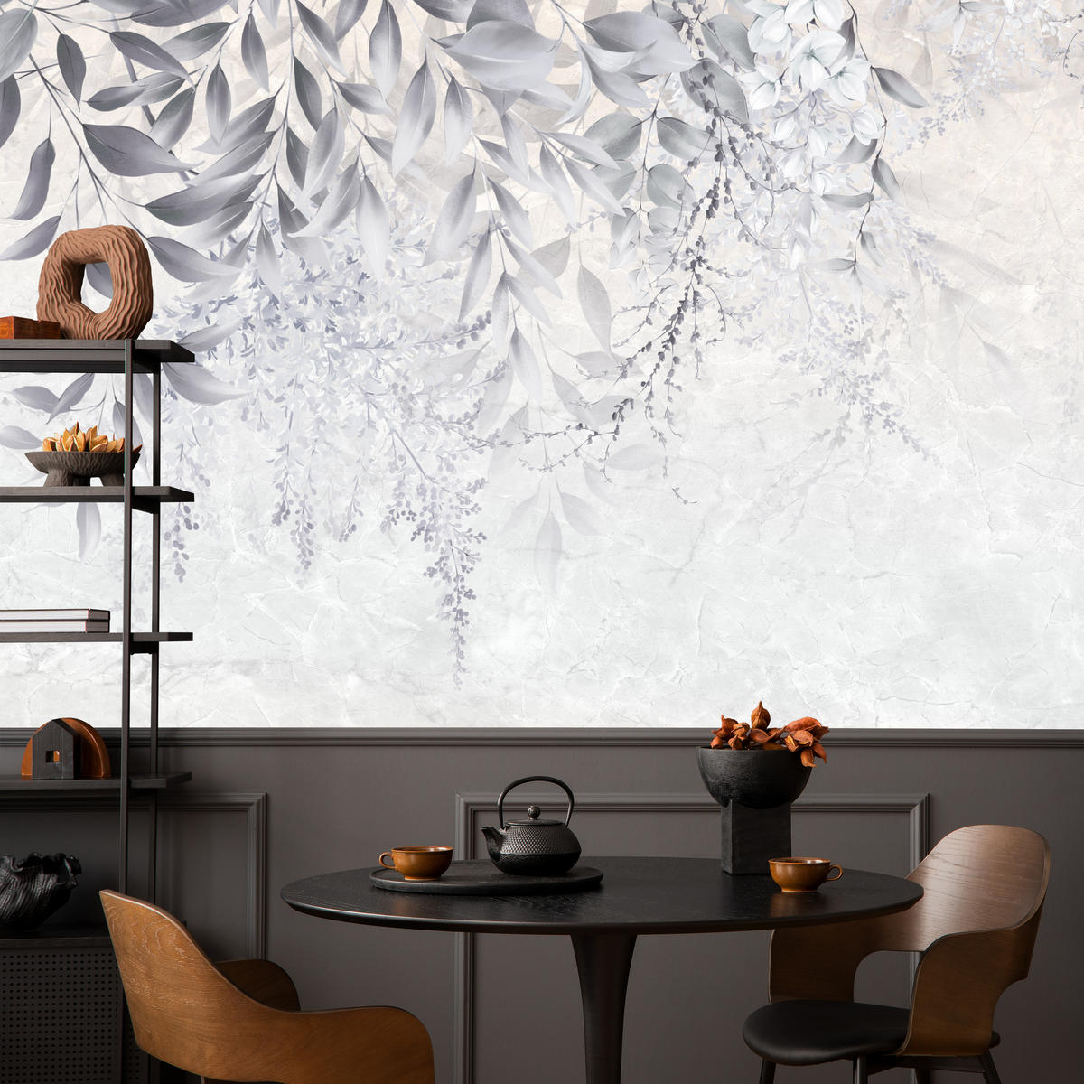 FOTOTAPETE für Schlafzimmer Subtile Rankenblätter Grau 250x175 - Weiß/Grau, Papier (250/175cm) - Muralo