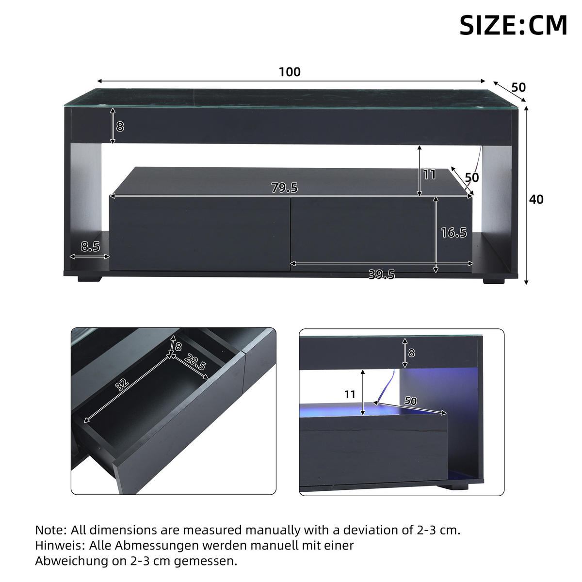 COUCHTISCH 100/50/40 cm schwarz mit 16-farbigem LED-Licht und 2 Schubladen - Schwarz, Holzwerkstoff (100/50/40cm) - OKWISH