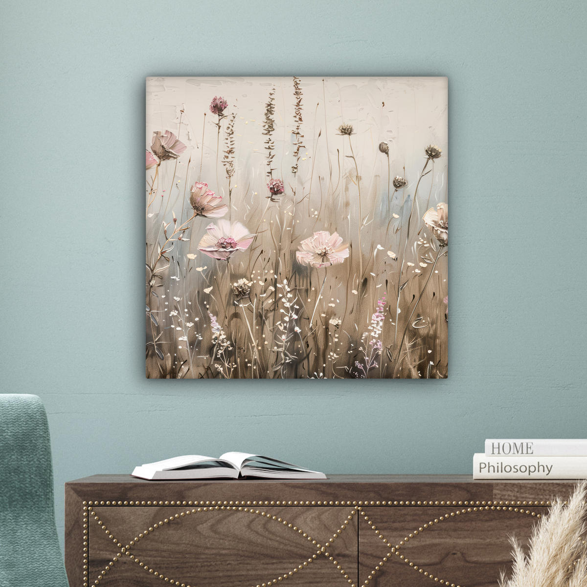 LEINWANDBILD Blumen - Rosa - Modern - Beige 50x50 cm - Beige, Textil (50/50cm) - MuchoWow