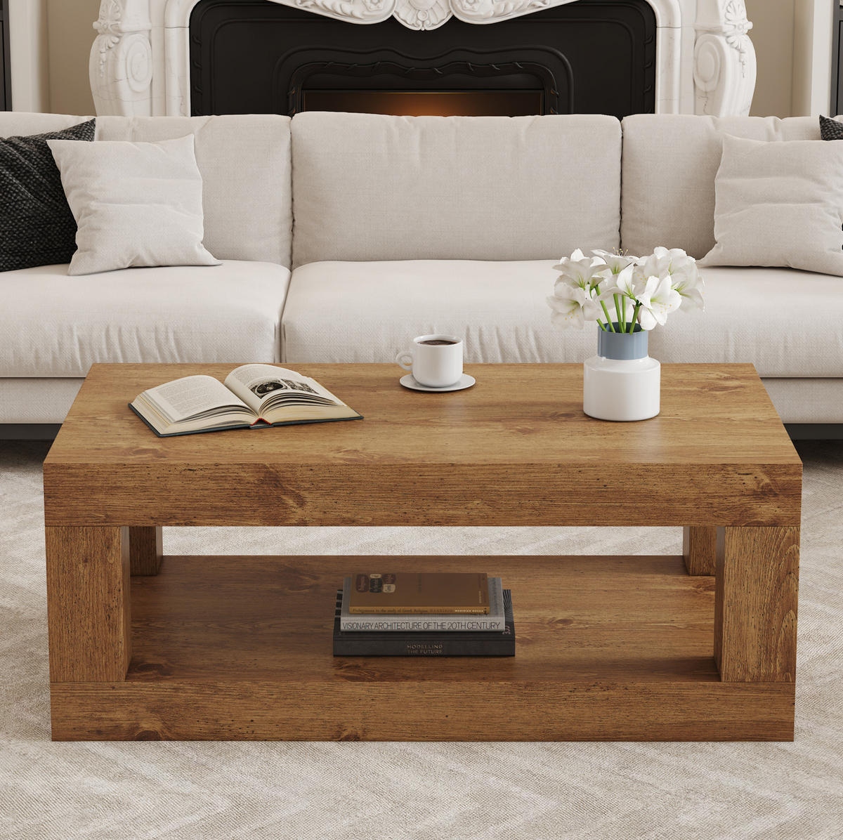 COUCHTISCH 93/53/46 cm mit 2 Ebenen, offenem Ablagefach und bodenschonenden Filzgleitern, Naturholz - Naturfarben, Holzwerkstoff (93/53/46cm) - Redom