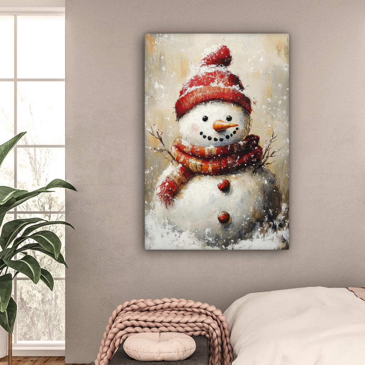 LEINWANDBILD Schneemann - Winter - Schnee - Beige Deko Groß 90x140 cm - Weiß, Textil (90/140cm) - MuchoWow