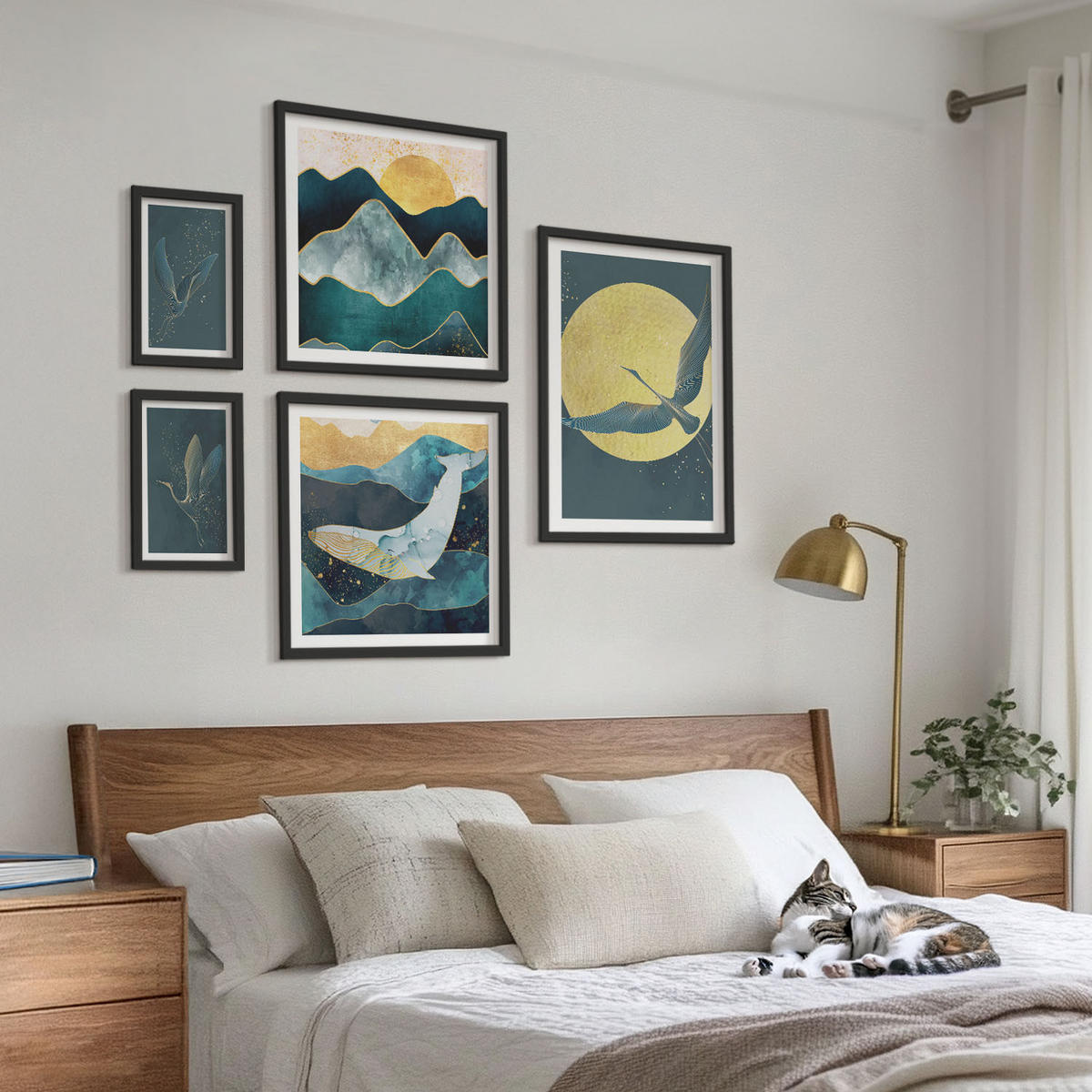 BILDER SET 5er Set - 50x50 cm & 20x30 cm & 40x60 cm Schwarzer Rahmen - Vögel, Kraniche, Mond, Berge - Schwarz, Kunststoff (40/60cm) - TULUP