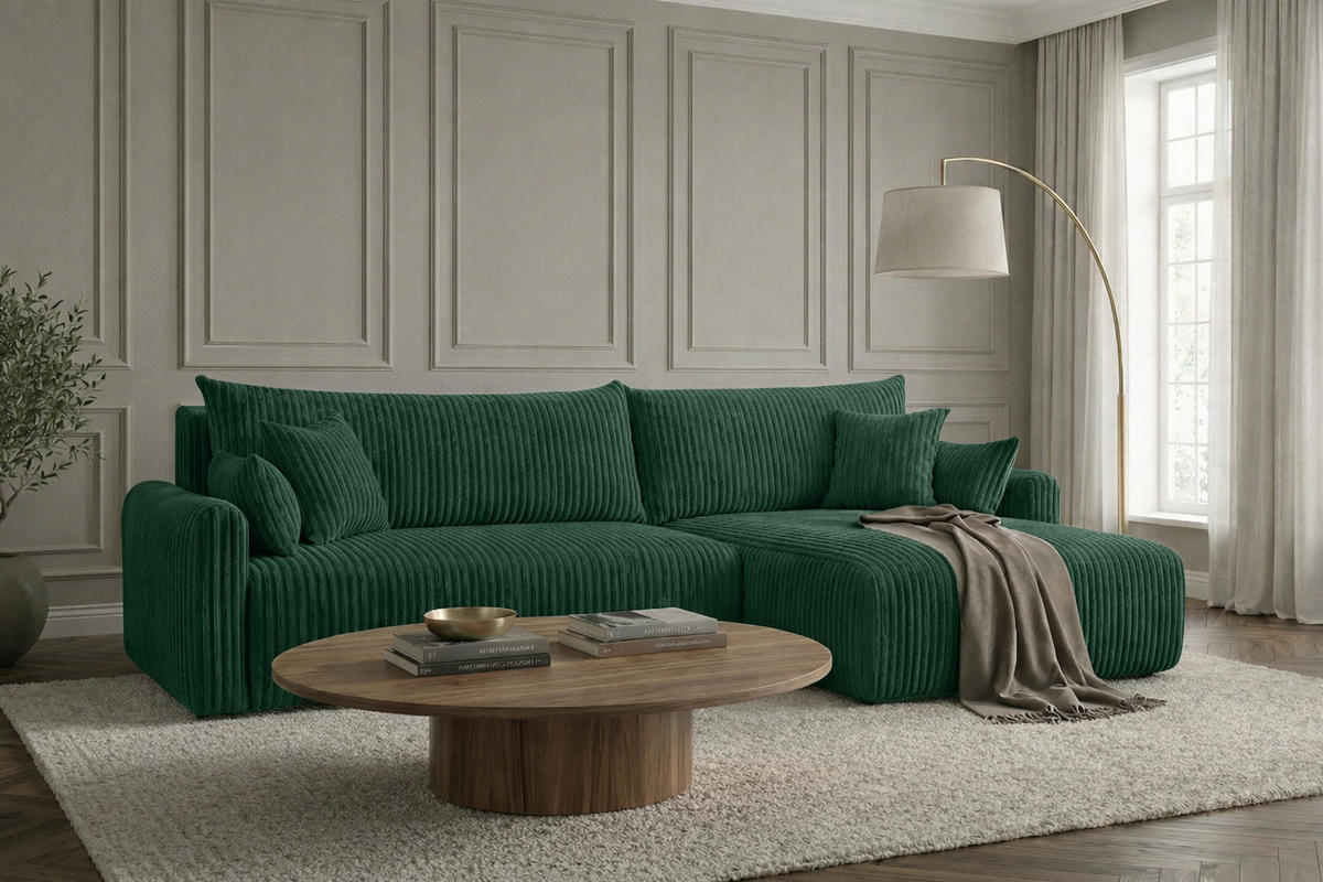 ECKSOFA Mit Schlaffunktion, Cordstoff Tilia, Grün, Rechts, JAPANDI - Grün, Holz (262/145cm) - Kaiser Möbel