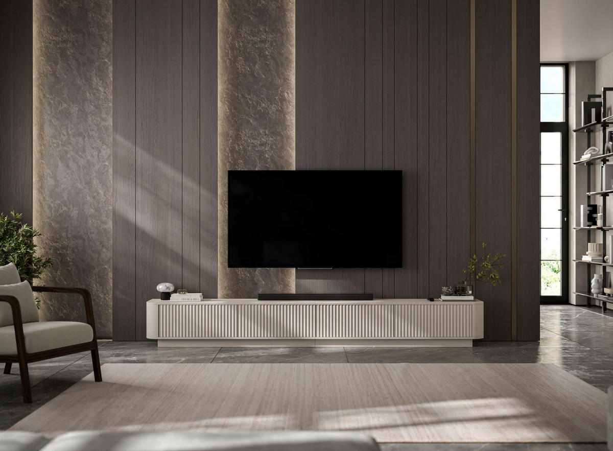 TV skrinka Aurora, set 2 kusov so soklom, matný kašmír, 280 cm - kašmírová, kompozitné drevo (280/37/35cm) - Meble Lindner