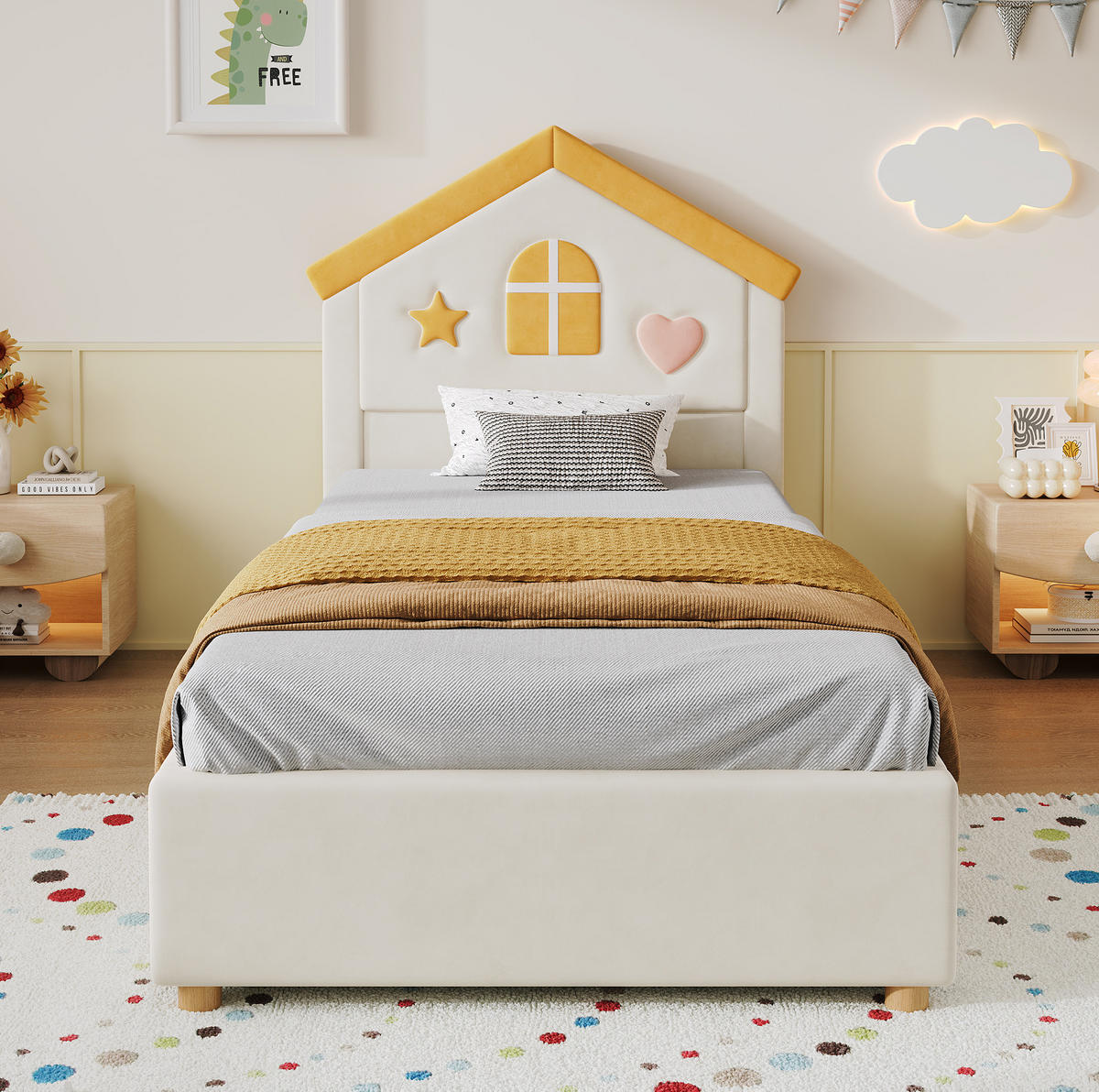 KINDERBETT aus Samt 90x200 cm Beige mit 4 Schubladen, Hauskopfteil und gepolstertem Design - Beige, Textil (90/200cm) - Modfu