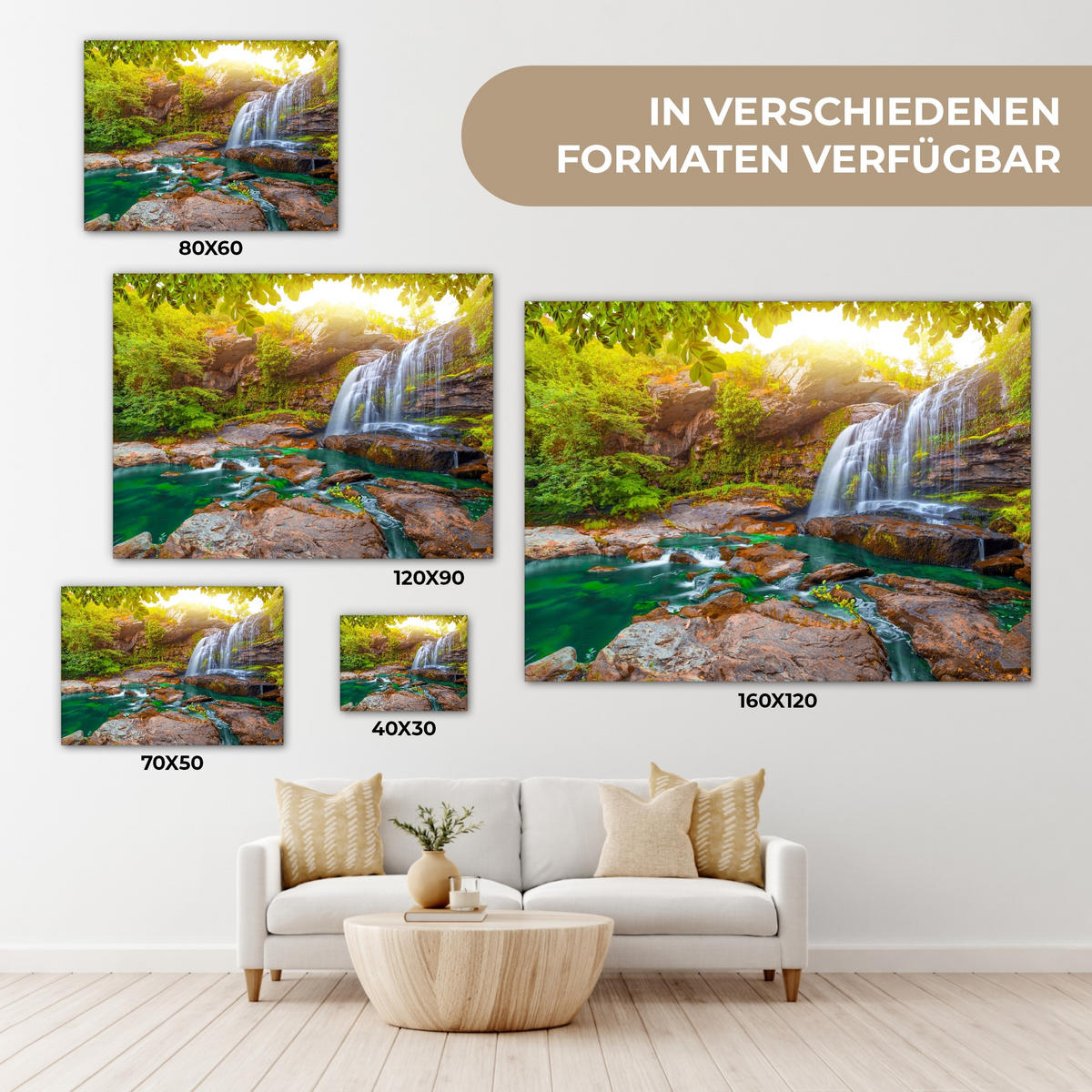 LEINWANDBILD Natur - Wasserfall - Pflanzen - Bäume - Sonne 40x30 cm - Olivgrün, Textil (40/30cm) - MuchoWow