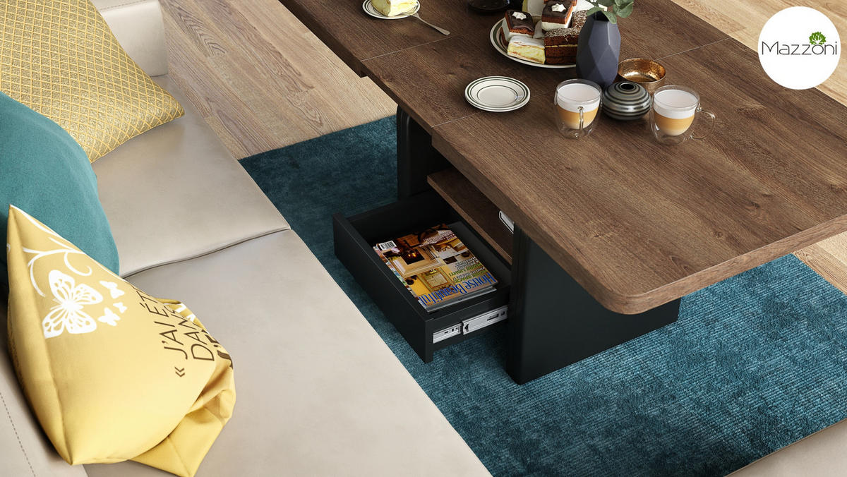 COUCHTISCH rechteckig Eiche dunkel - Schwarz höhenverstellbar ausziehbar - Schwarz/Braun, Holzwerkstoff (75/180/75cm) - designimpex