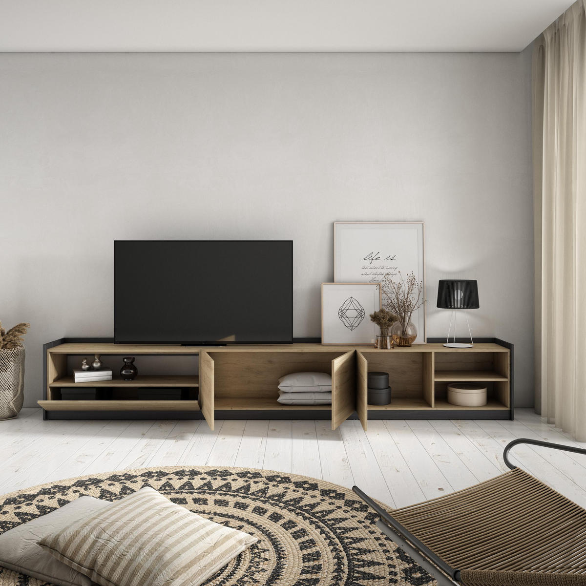 TV-SCHRANK, Lowboard, Eiche Schwarz, 310/37/50cm - Eichefarben, Holzwerkstoff (310/50/37cm) - Skraut Home