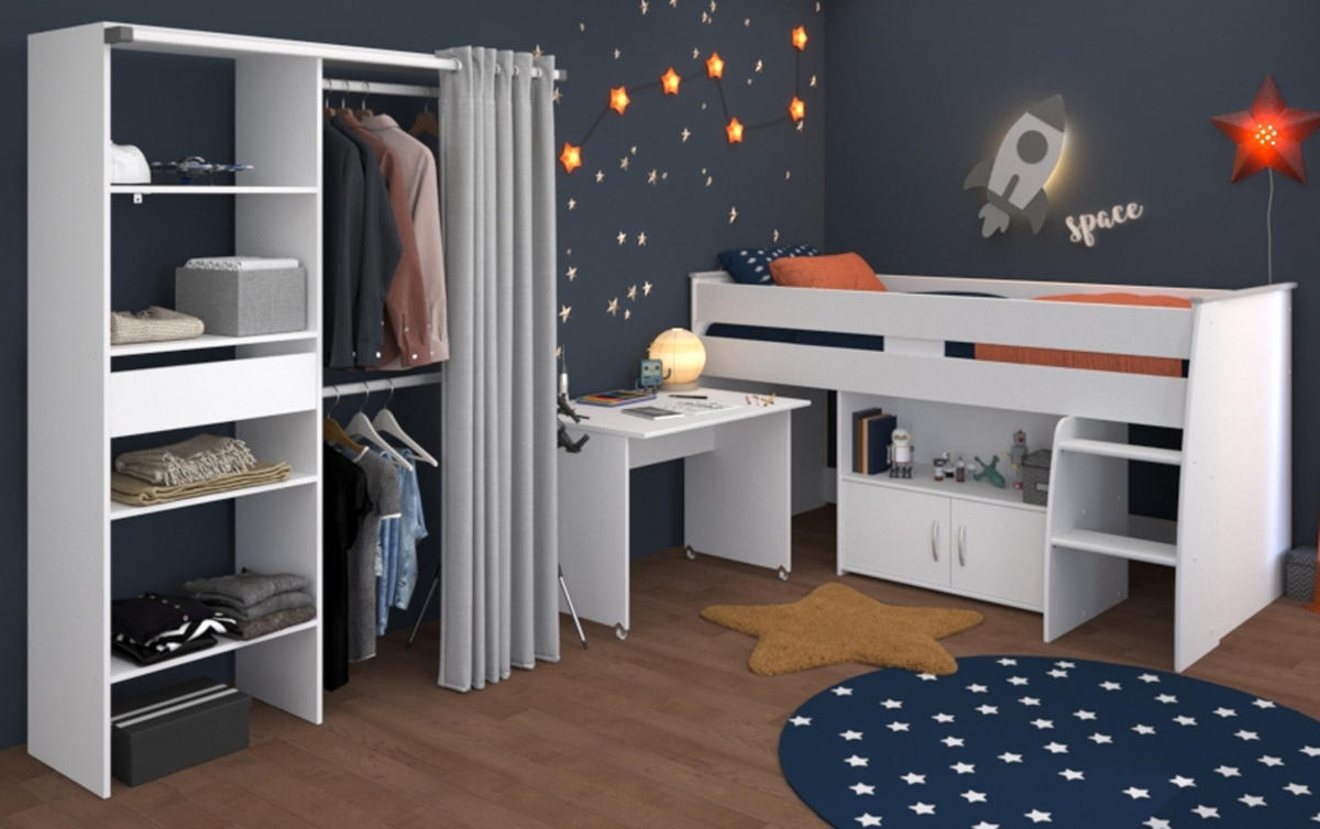 KINDERZIMMER weiß 2-teilig, Jugendzimmer-Set mit Stauraumbett und Kleiderschrank - Schwarz/Weiß, Holzwerkstoff/Kunststoff (143/182/115cm) - Parisot Meuble