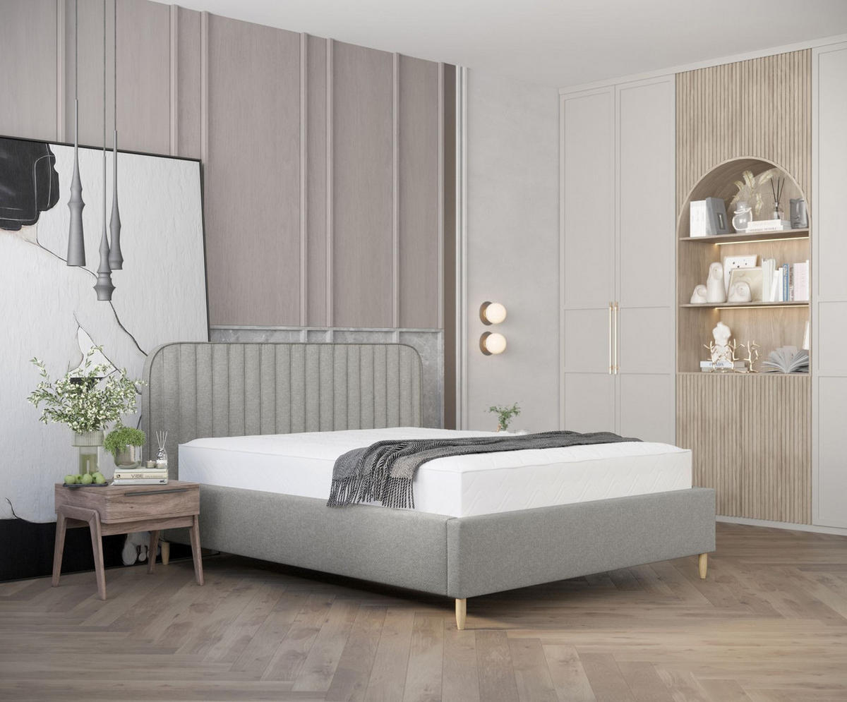 POLSTERBETT Noto Hellgrau 160/200 cm im Chenille-Stoff - Hellgrau/Naturfarben, Holz/Holzwerkstoff (160/200cm) - Maison de Reve