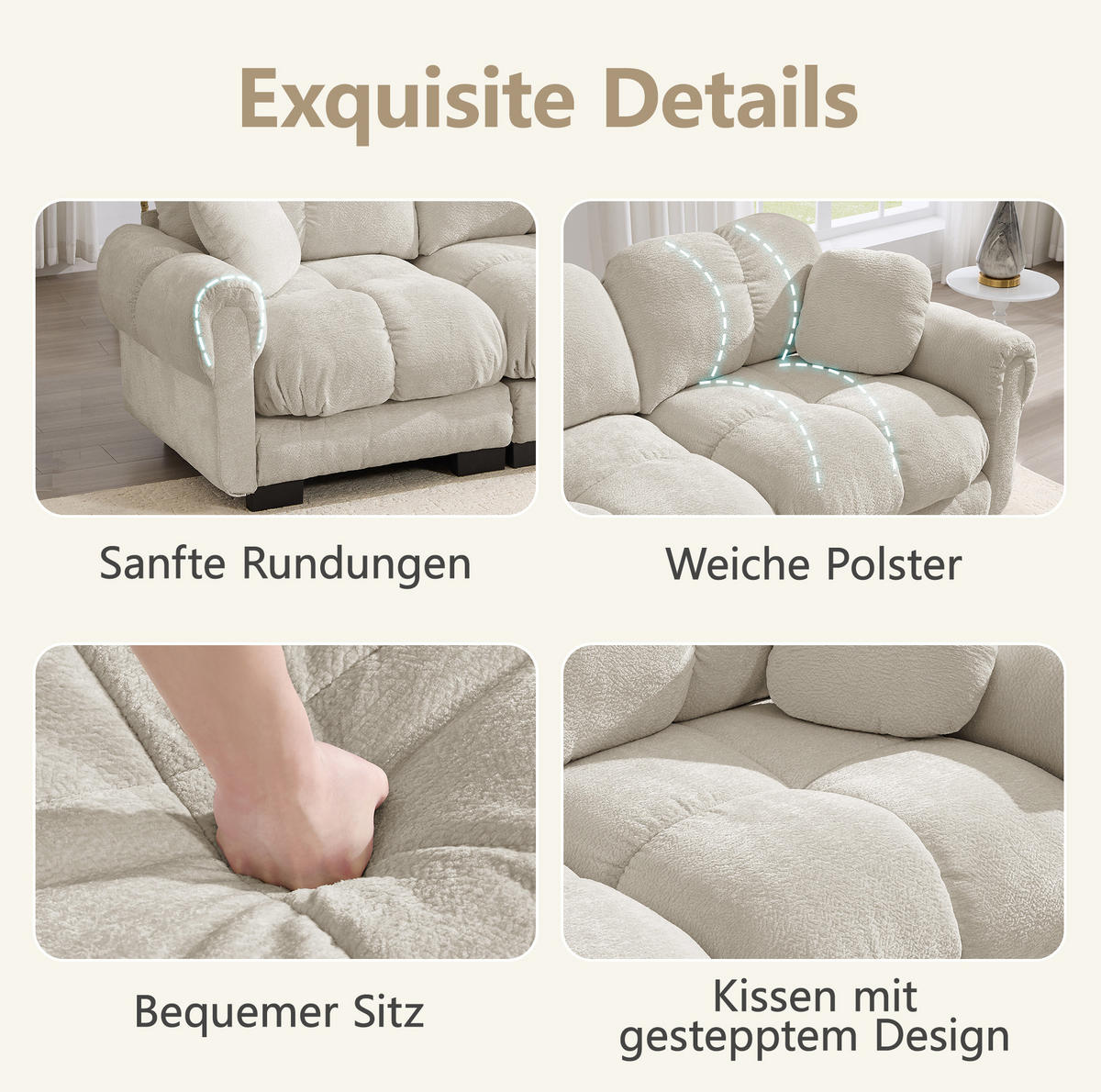 SOFA 260/86/90 cm in Hellkhaki aus Chenille mit Steppnähten - Sandfarben, Textil (86/90/260cm) - Flora Grace