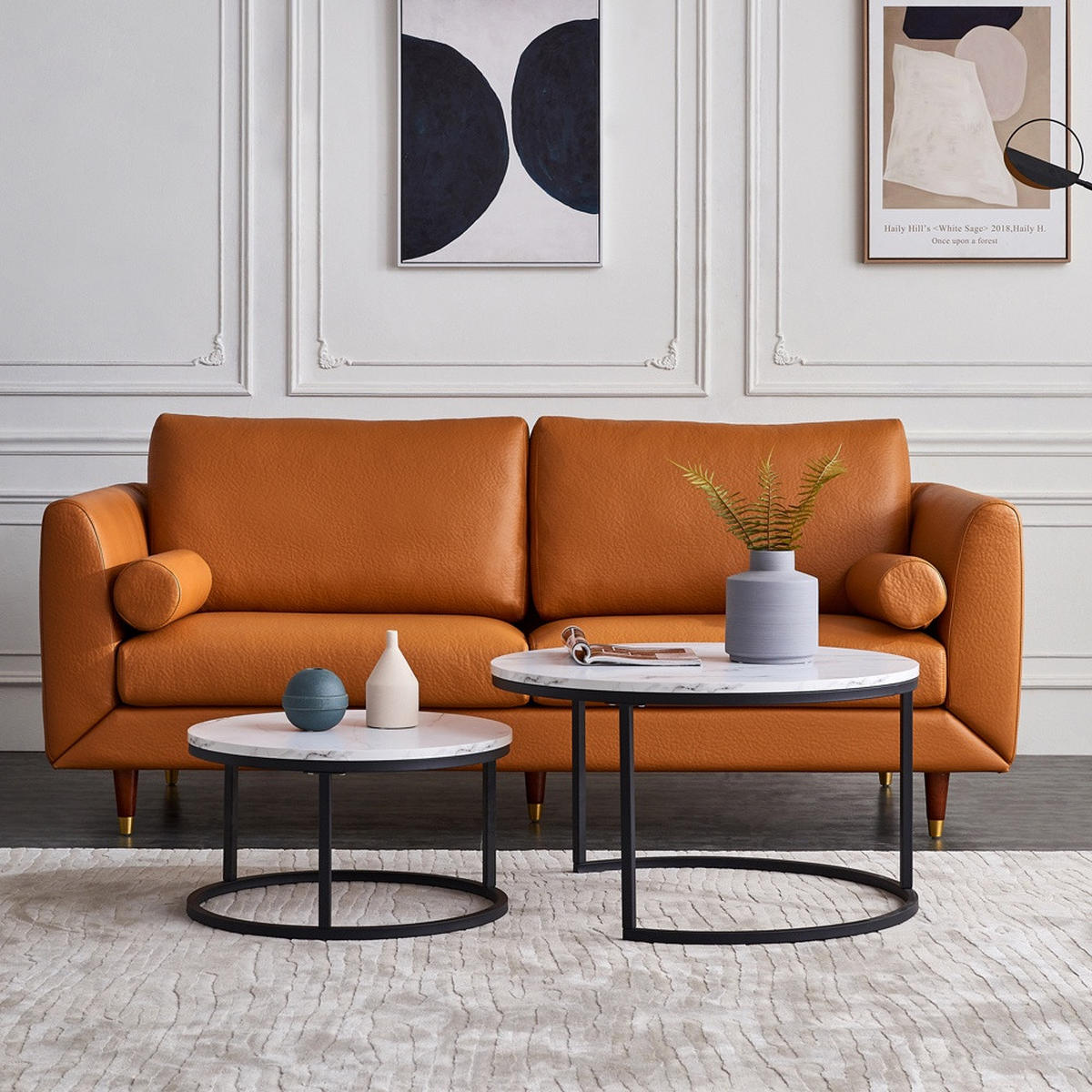 COUCHTISCH 2er-Set - Runder Beistelltisch in Marmoroptik Weiß mit Metallgestell - Schwarz - Schwarz, Holzwerkstoff (80/80/45cm) - DELFA