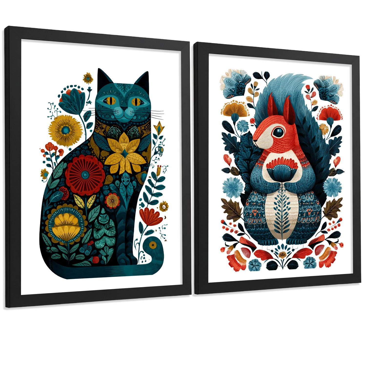 POSTER 2er-Set moderne Kunstdrucke im Folk-Stil, Katzen Eichhörnchen-Dekorationsbilder, farbenfrohe Blumenposter für Wohnzimmer Schwarzer Rahmen A3 - Schwarz, Papier (42/29.7/3cm) - Nacnic
