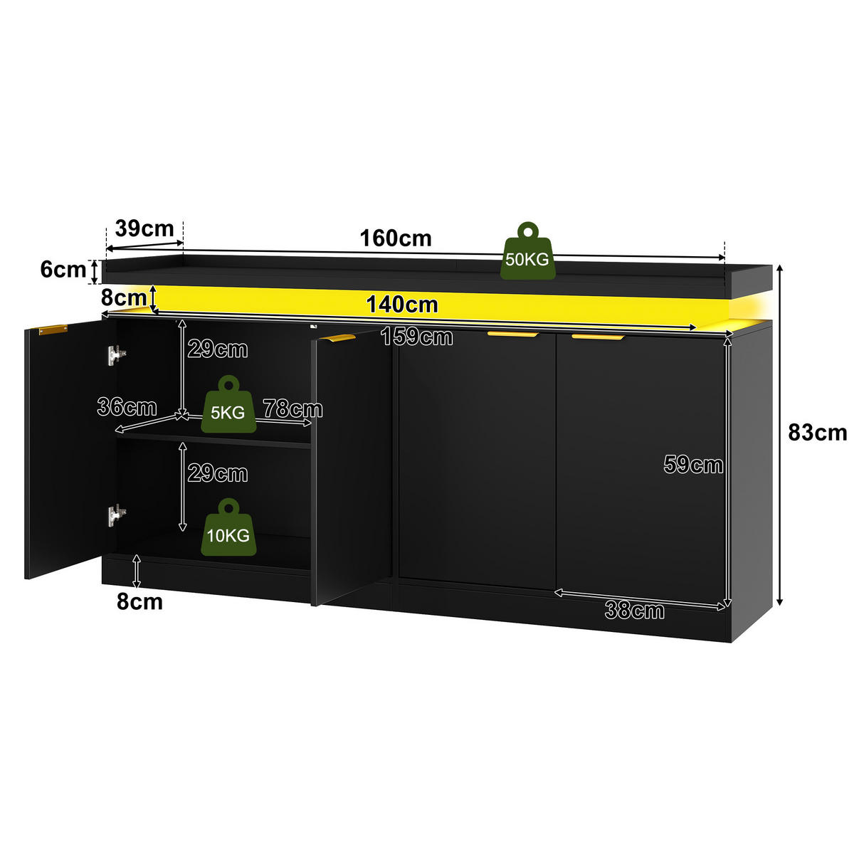 SIDEBOARD DE-38751 160/39/83 cm LED-Beleuchtung und 4 Türen Schwarz - Schwarz, Holzwerkstoff (160/83/39cm) - ComfortXL
