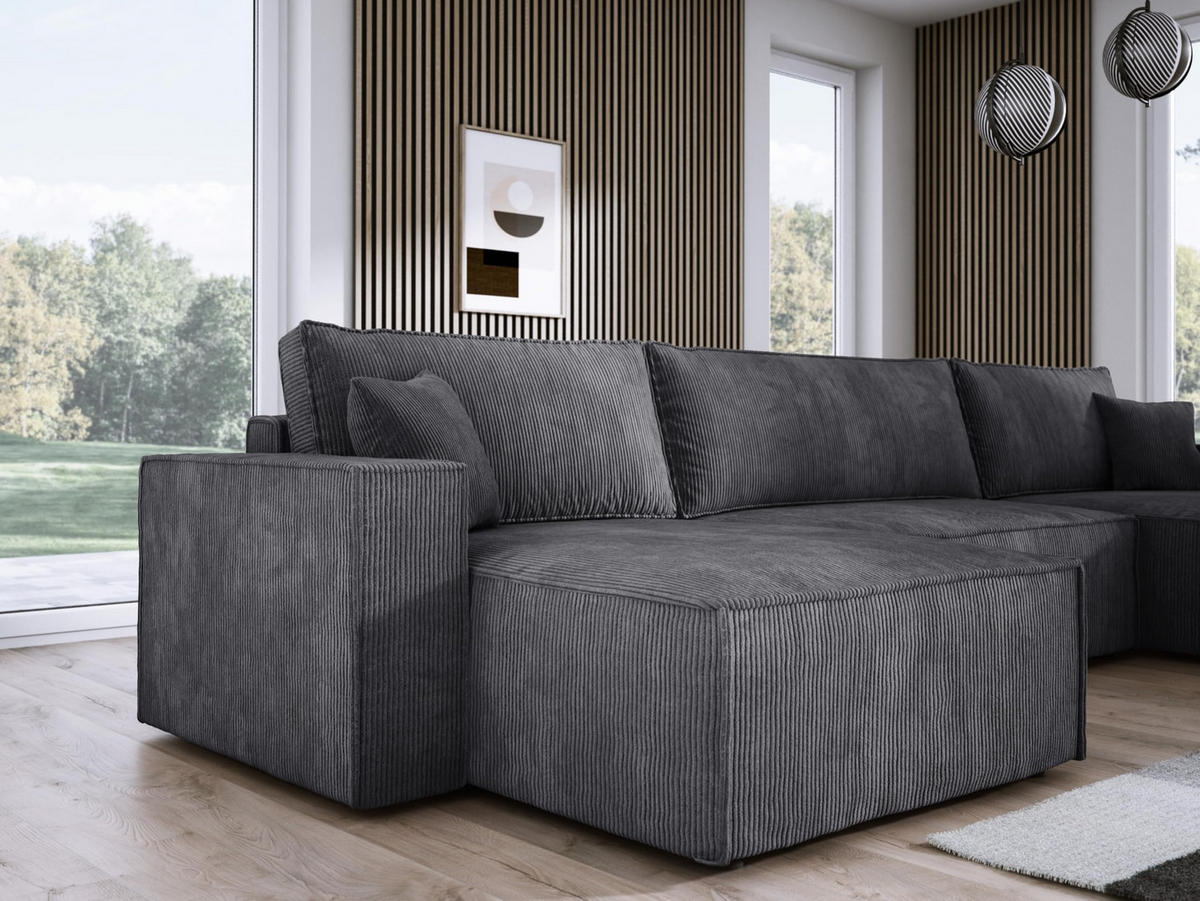 ECKSOFA Poso XXL U-förm, Schlaffunktion, weiche Kissen, Bettkasten, hochwertige Polsterung, lose Rückenkissen, freistehend, 377x143x83 cm Graphite - Graphitfarben, Holz/Textil (377/83/143cm) - DomoHome