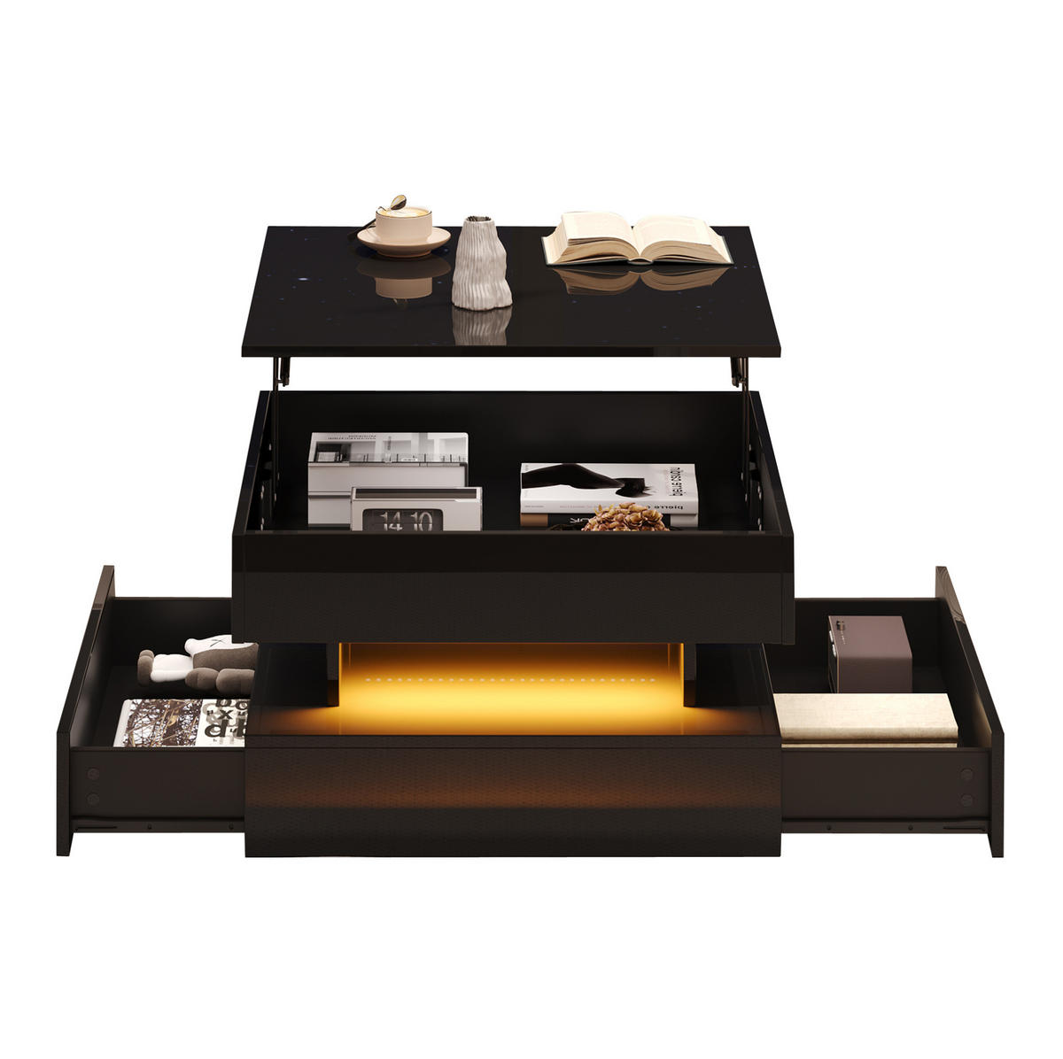COUCHTISCH aus Spanplatte 65x65x38,5 cm Schwarz mit Hubfunktion, LED-Beleuchtung und 2 Schubladen - Schwarz, Holzwerkstoff (65/65/38.5cm) - IVMEU