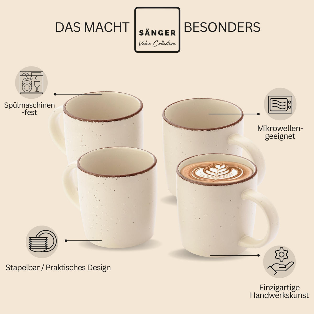 KAFFEEBECHER BOMBAY BEACH - 4 teilig aus Steingut - Beige, Stein (0.8L) - Sänger