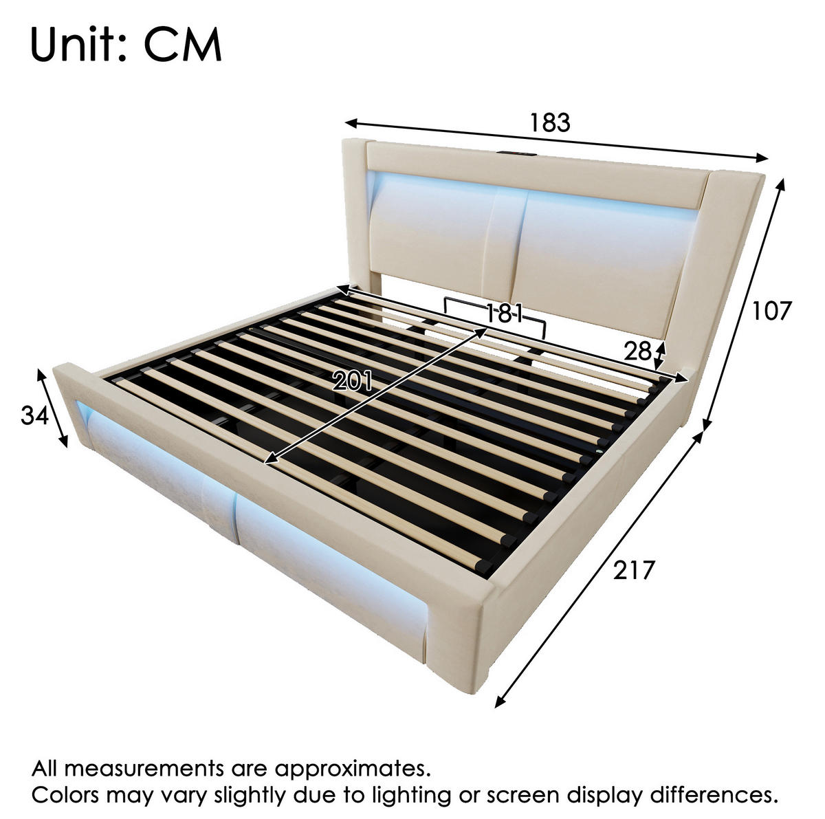 POLSTERBETT 180/200 cm mit Bettkasten, LED-Beleuchtung, USB-C und Ladefunktion, Samt, Beige - Beige, Textil (180/200cm) - Redom