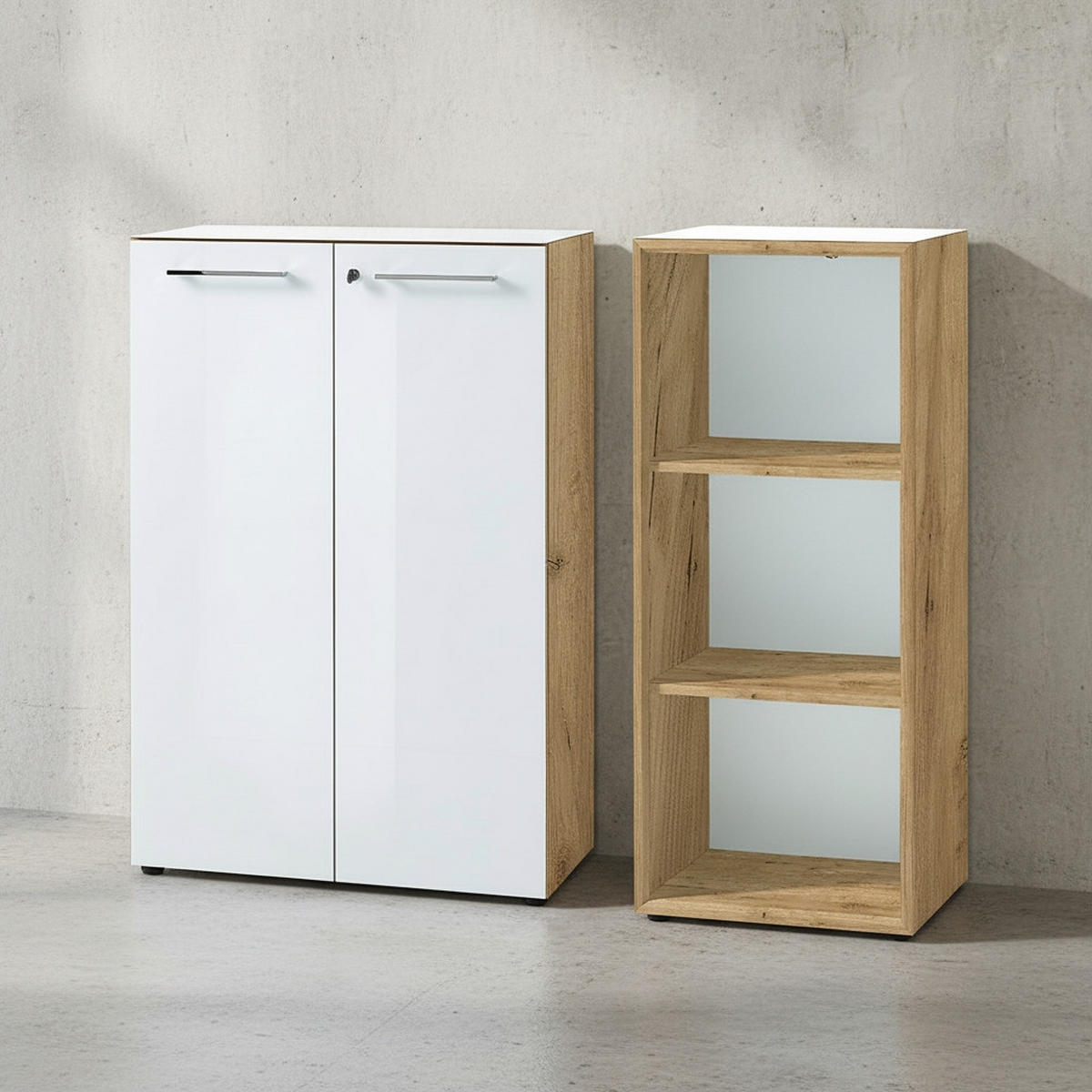 BÜRO-SET MUENCHEN 2-teilig | Kommode x Regal | Glas Front & Abschließbar | Chalet-Eiche-Nb./Weiß - Weiß, Holzwerkstoff/Metall (145/120/37cm) - KADIMA DESIGN