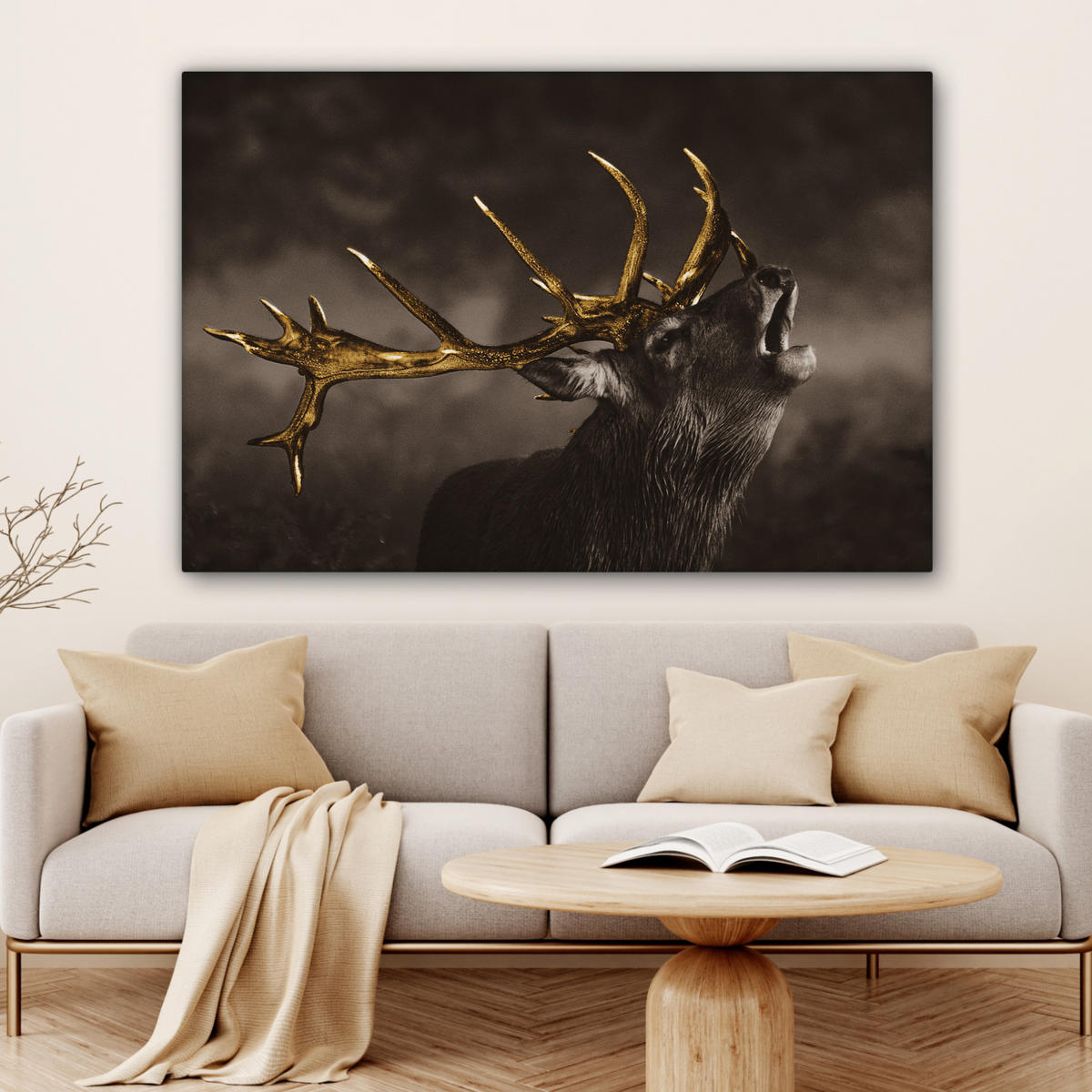 LEINWANDBILD Rotwild - Schwarz - Gold Groß 140x90 cm - Braun, Textil (140/90cm) - MuchoWow