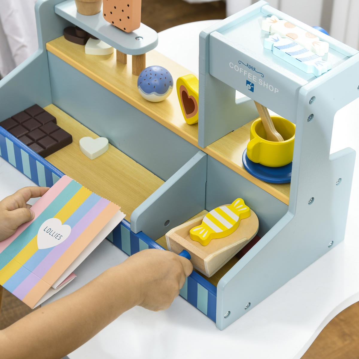 EISDIELE Kinder Holz, Eis Holzspielzeug für Kinder mit Küchenzubehör, Hellblau - Hellblau, Holzwerkstoff (20/24.5/42cm) - AIYAPLAY