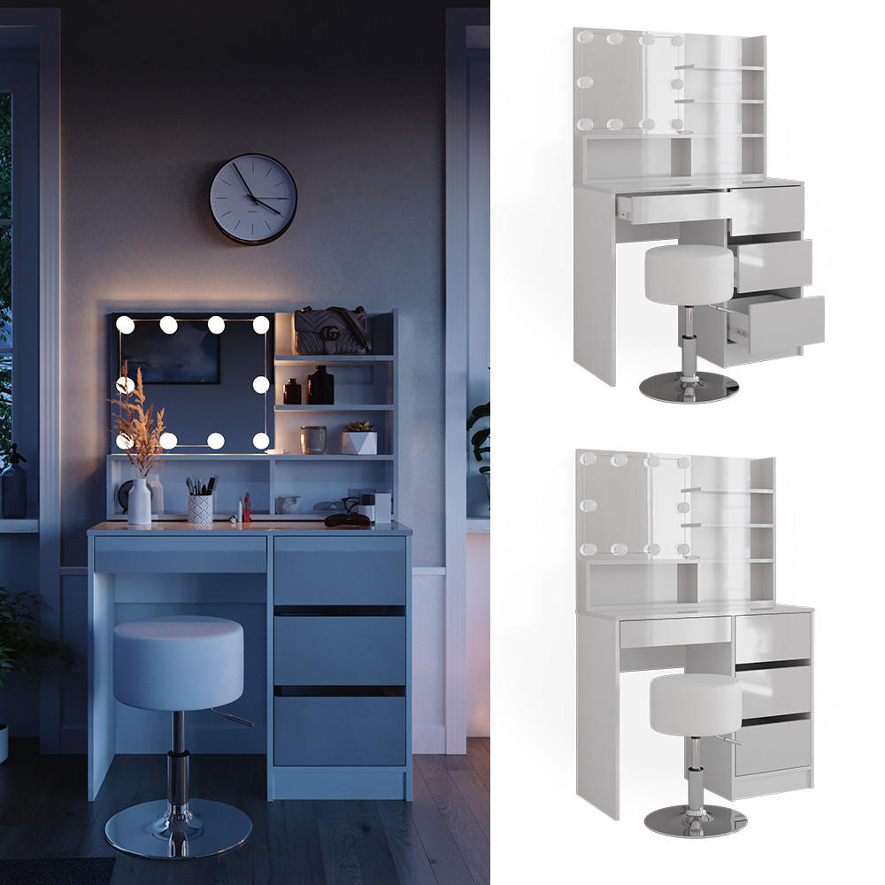 SCHMINKTISCH Sherry Weiß 140 cm mit LED Beleuchtung Hocker und Spiegelregal - Weiß, Holzwerkstoff (40/75/140cm) - Vicco