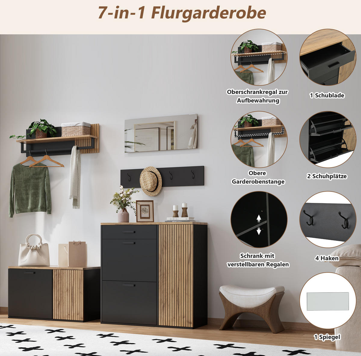 SCHUHSCHRANK 85/85/36 cm Natur/Schwarz aus Holzwerkstoff mit Schuhbank 5er Set - Naturfarben, Holzwerkstoff (85/85/36cm) - OKMYHOME