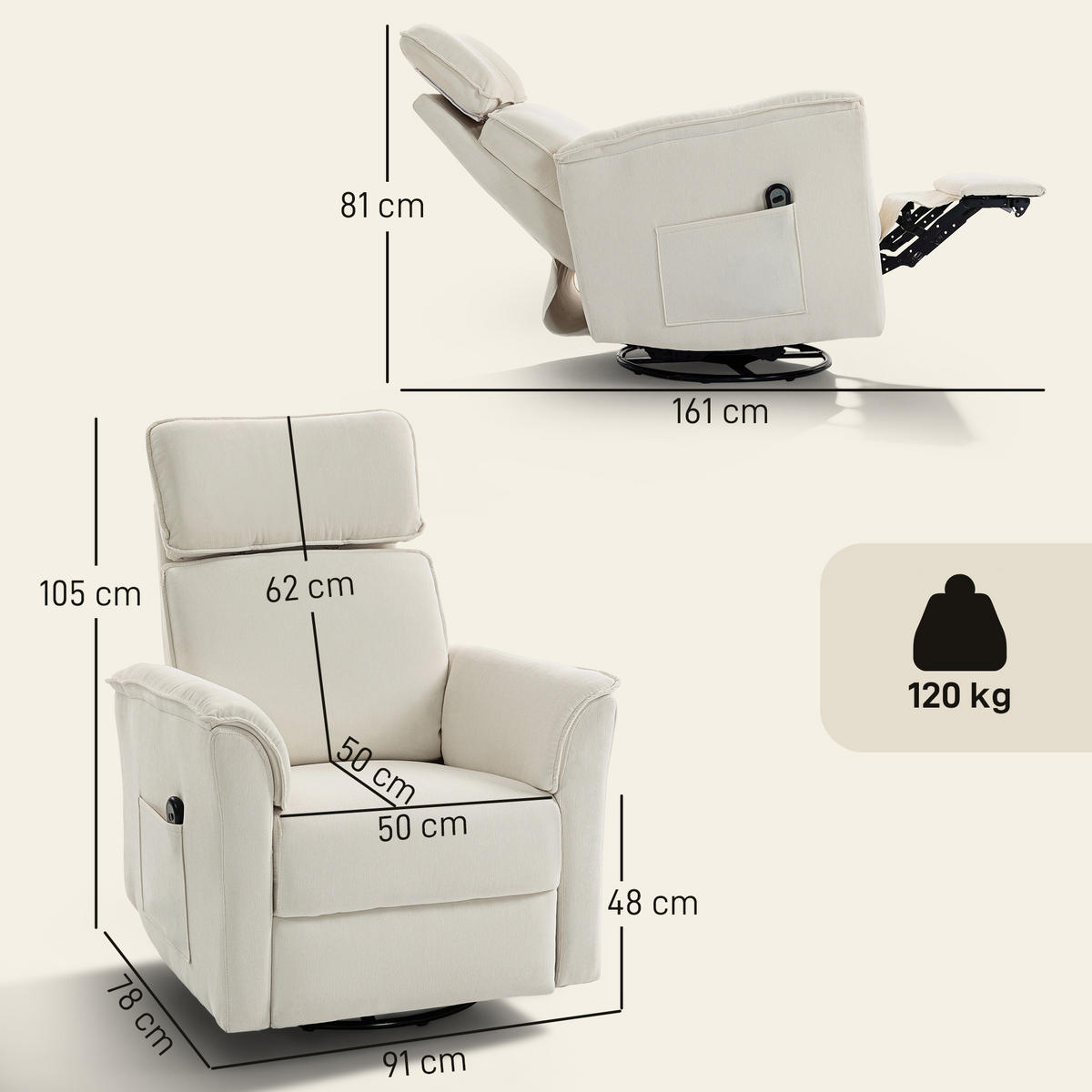 RELAXSESSEL Elektrisch mit Liegefunktion, Verstellbare Rückenlehne, Kopfstütze - Creme, Holzwerkstoff/Textil (78/105/91cm) - HOMCOM