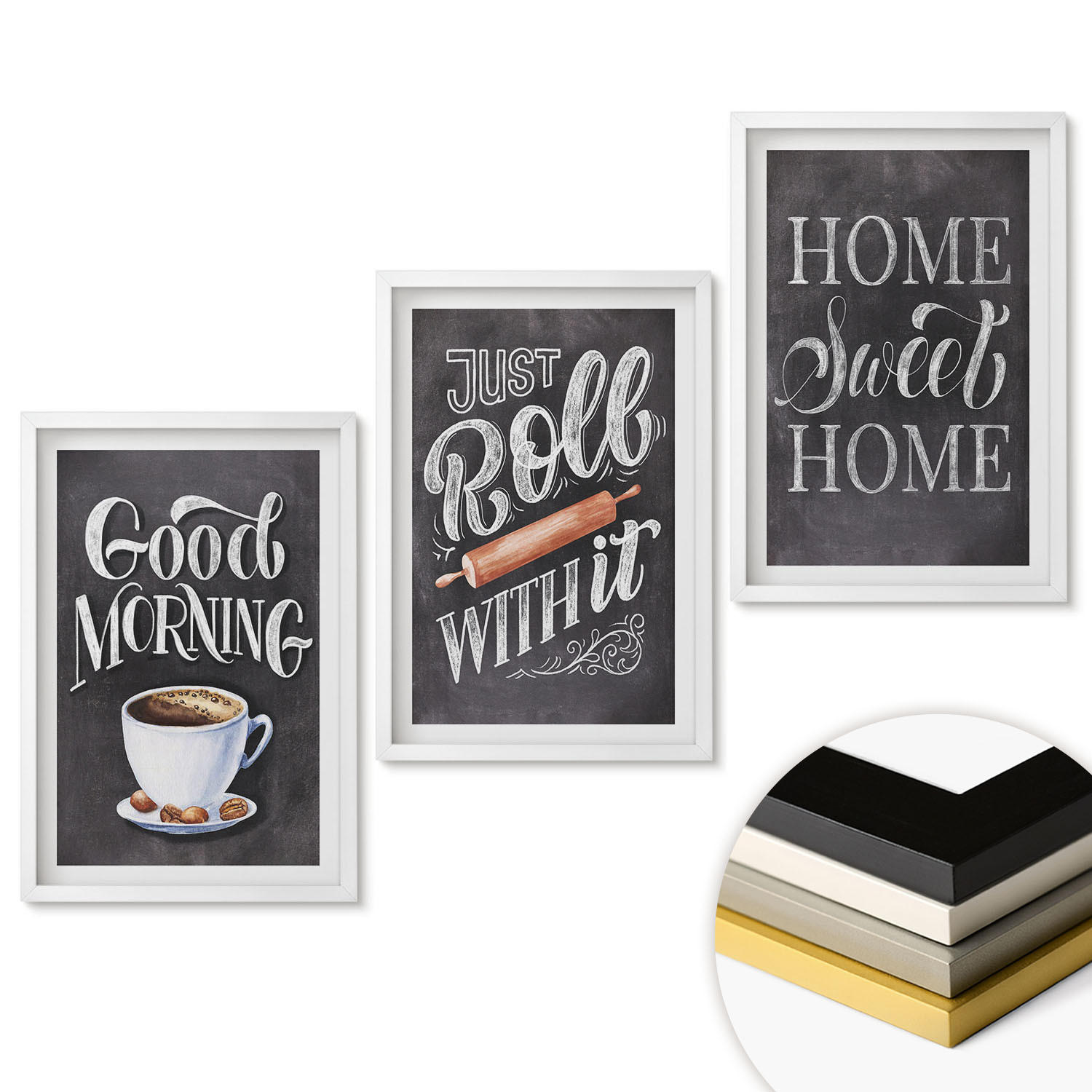 WANDBILDER 3er-Set - 40x60 cm Weißer Rahmen - Motive und Inschriften für die Küche - Weiß, Kunststoff (40/60cm) - ArtPrintCave