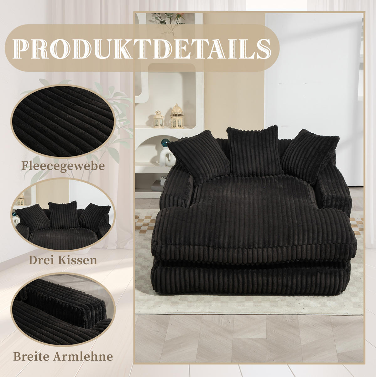 BIGSOFA Chaiselongue Cord mit 3 Kissen bodennah und ohne Montage 125/155/63 cm Schwarz - Schwarz, Textil (63/125/155cm) - Redom