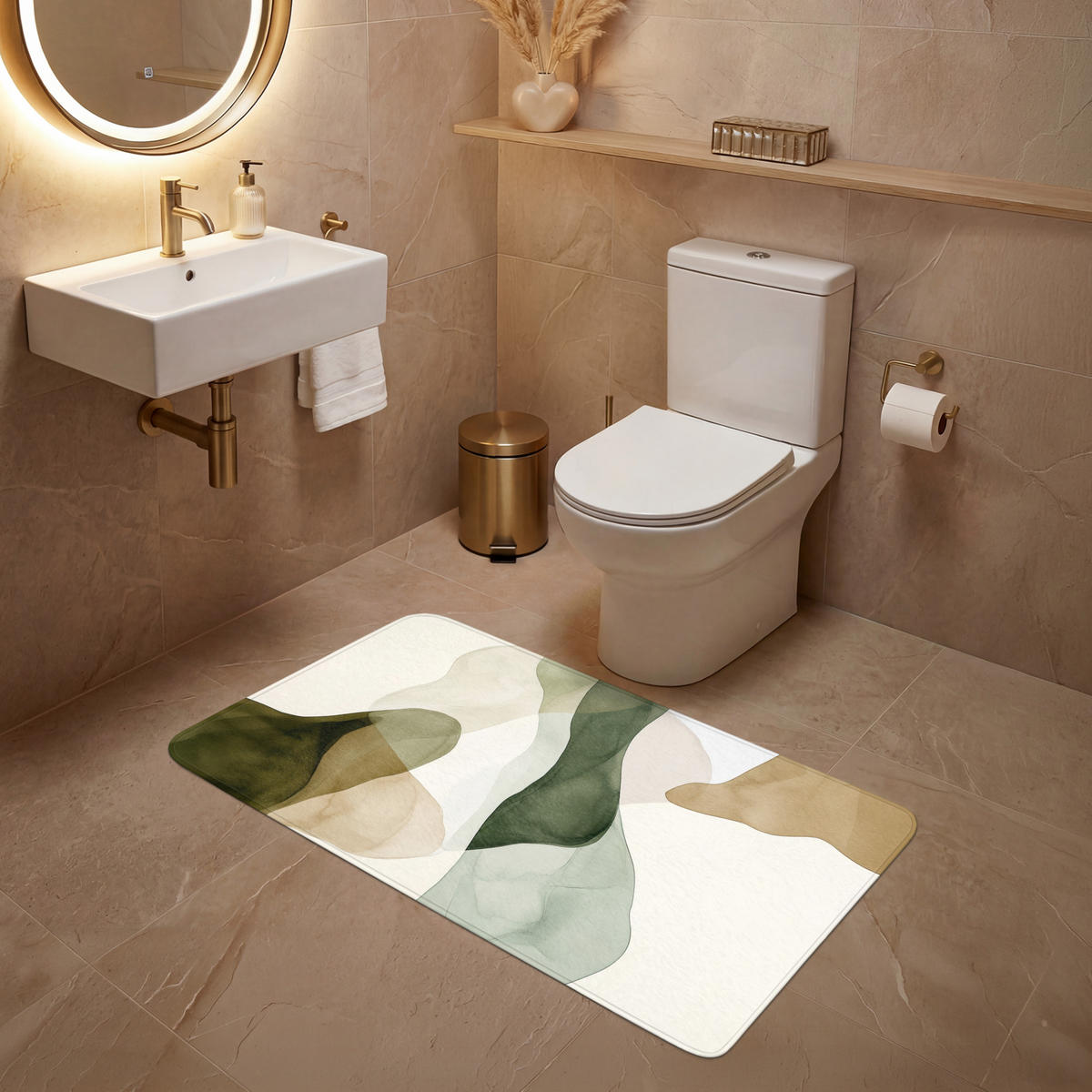 WC-VORLEGER Japandi - Abstrakt - Grün WC Teppich 120x60 cm - Grün, Kunststoff/Textil (120/1cm) - OnlyWow