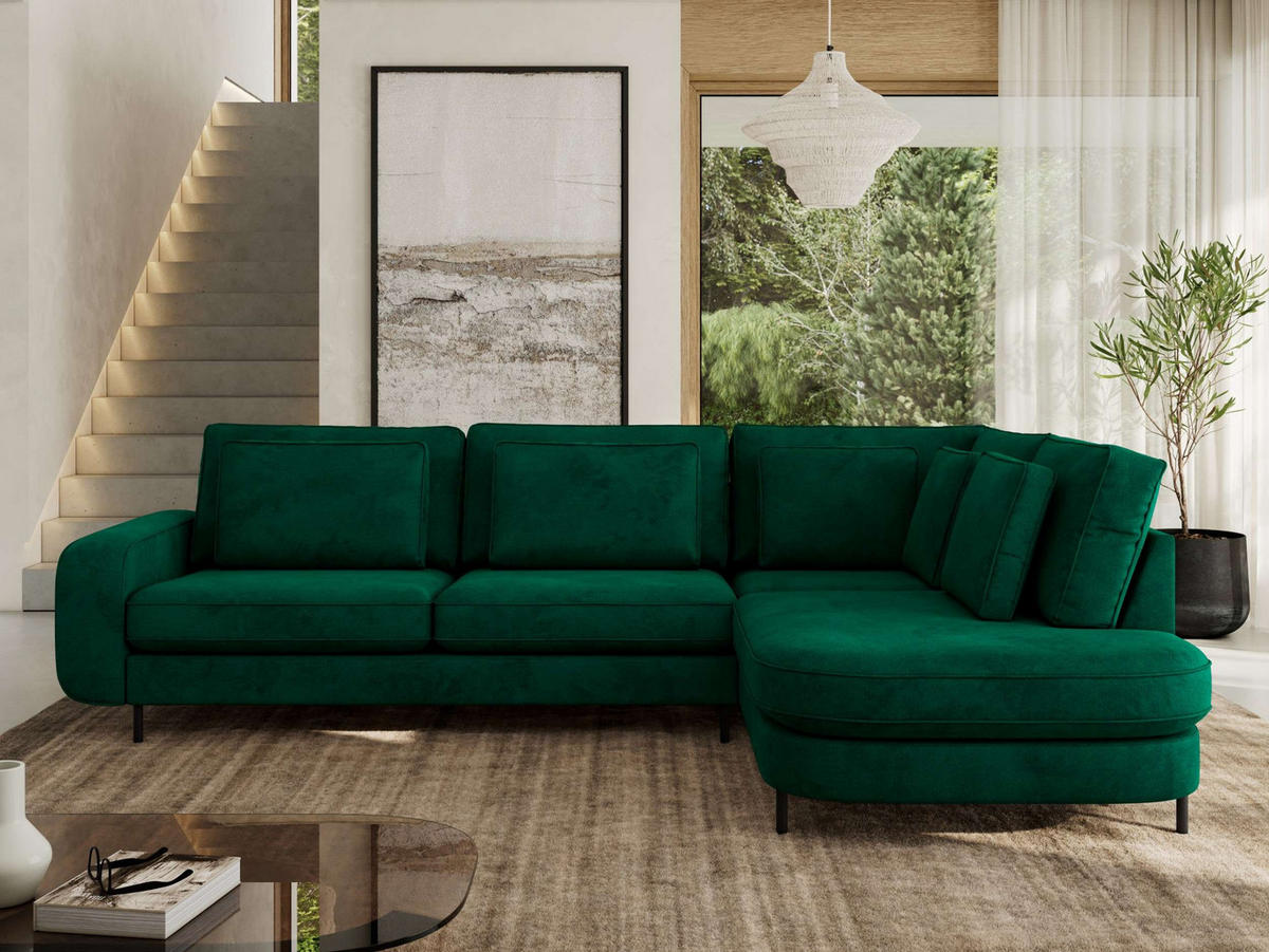ROHOVÁ SEDAČKA CALENO L - Zelený Samet - Levá Strana - černá/tmavě zelená, kov/textil (317/225cm) - MKS