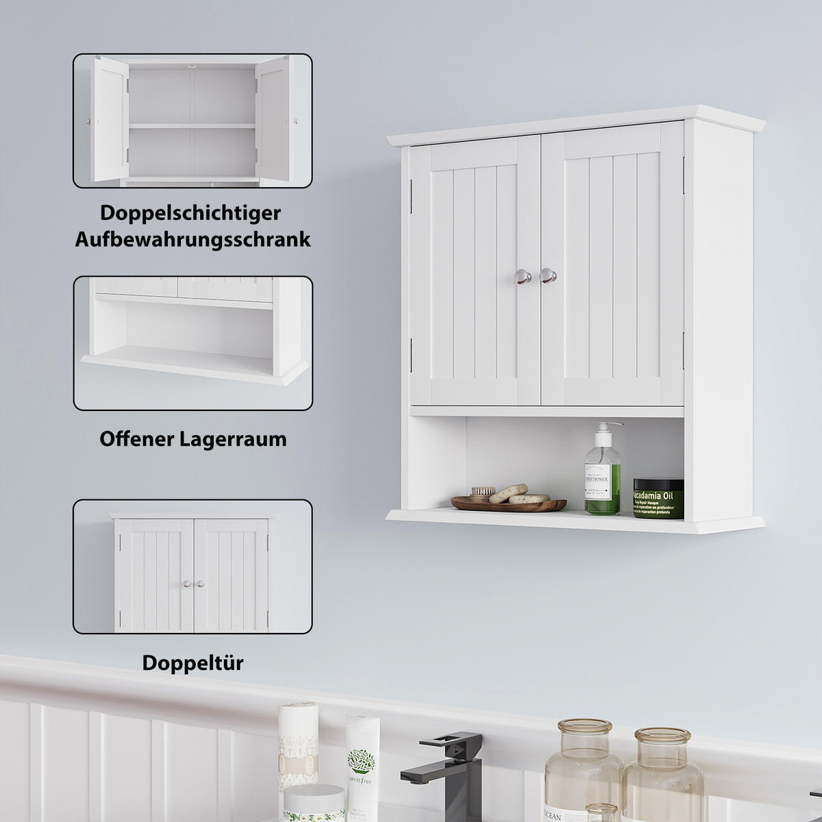 WANDSCHRANK Badezimmerschrank 54.6x19.8x59.9cm in Weiß mit verstellbaren Regalen - Weiß, Holzwerkstoff (54.6/59.9/19.8cm) - Modfu