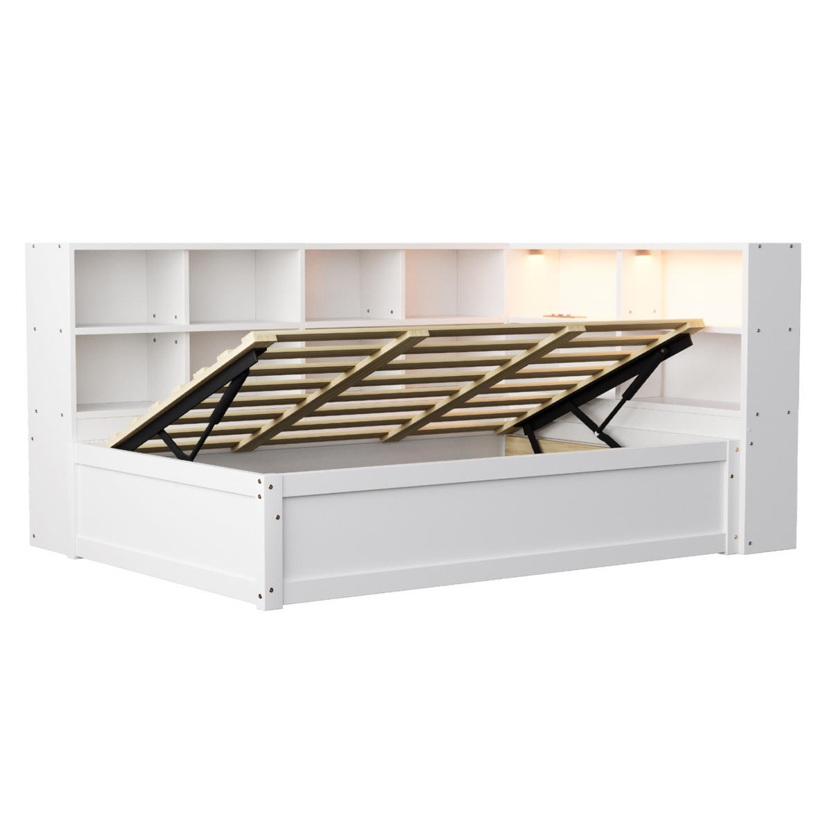 BETT aus Kiefernholz 90x200 cm Weiß mit LED-Beleuchtung, Steckdose, Stauraum und hydraulischer Funktion - Weiß, Holzwerkstoff (90/200cm) - Modfu
