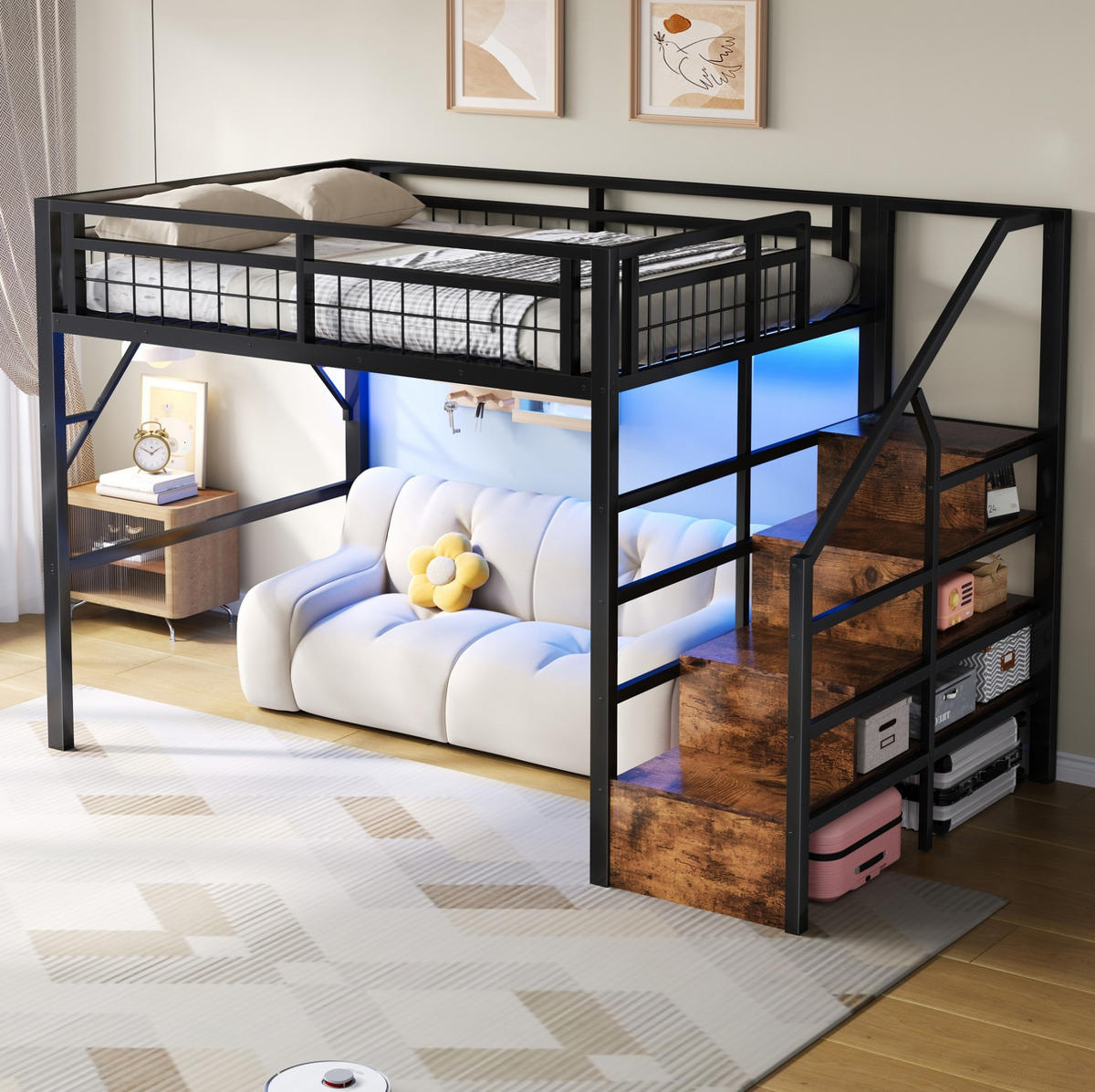 HOCHBETT 140/200 cm Schwarz mit LED-Lichtleiste und Stauraum - Schwarz, Metall (140/200cm) - MIVRAY