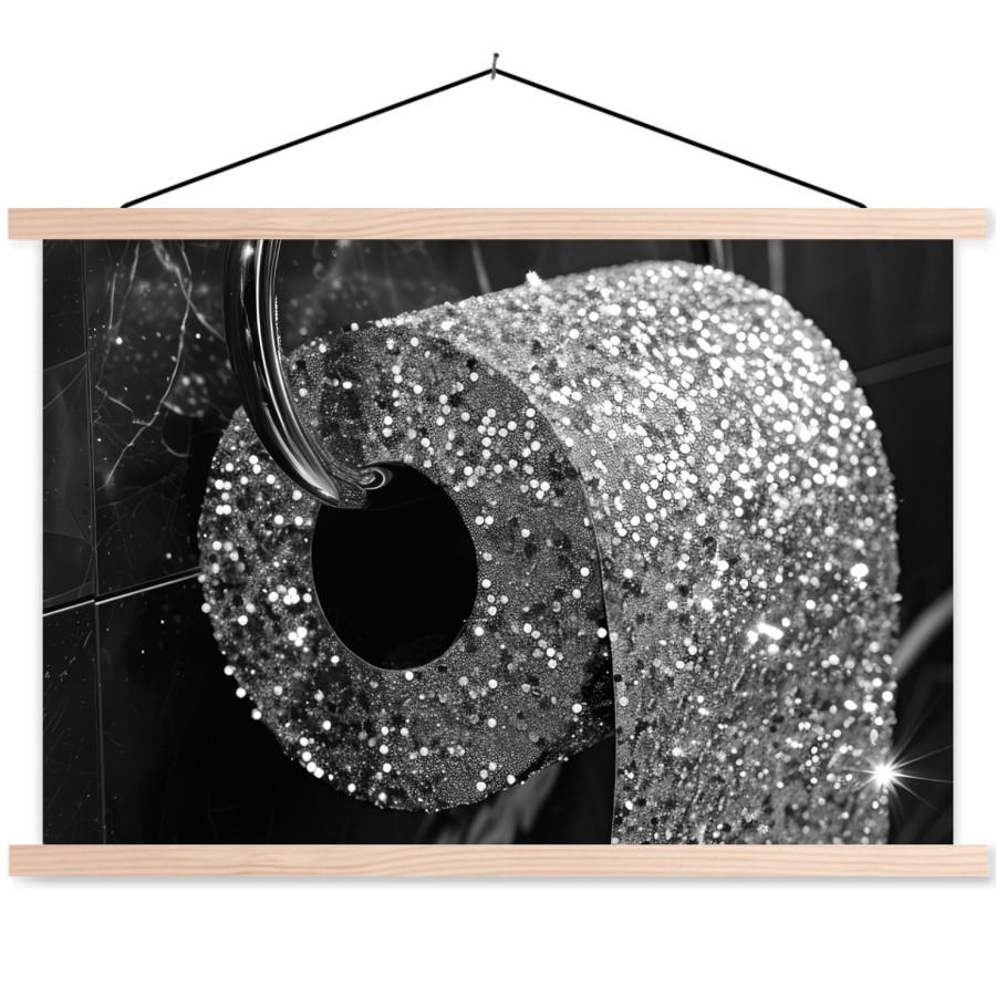 POSTER WC - Toilettenpapier - Schwarz und weiß - Glitter 120x80 cm - Silberfarben, Textil (120/80/0.15cm) - MuchoWow