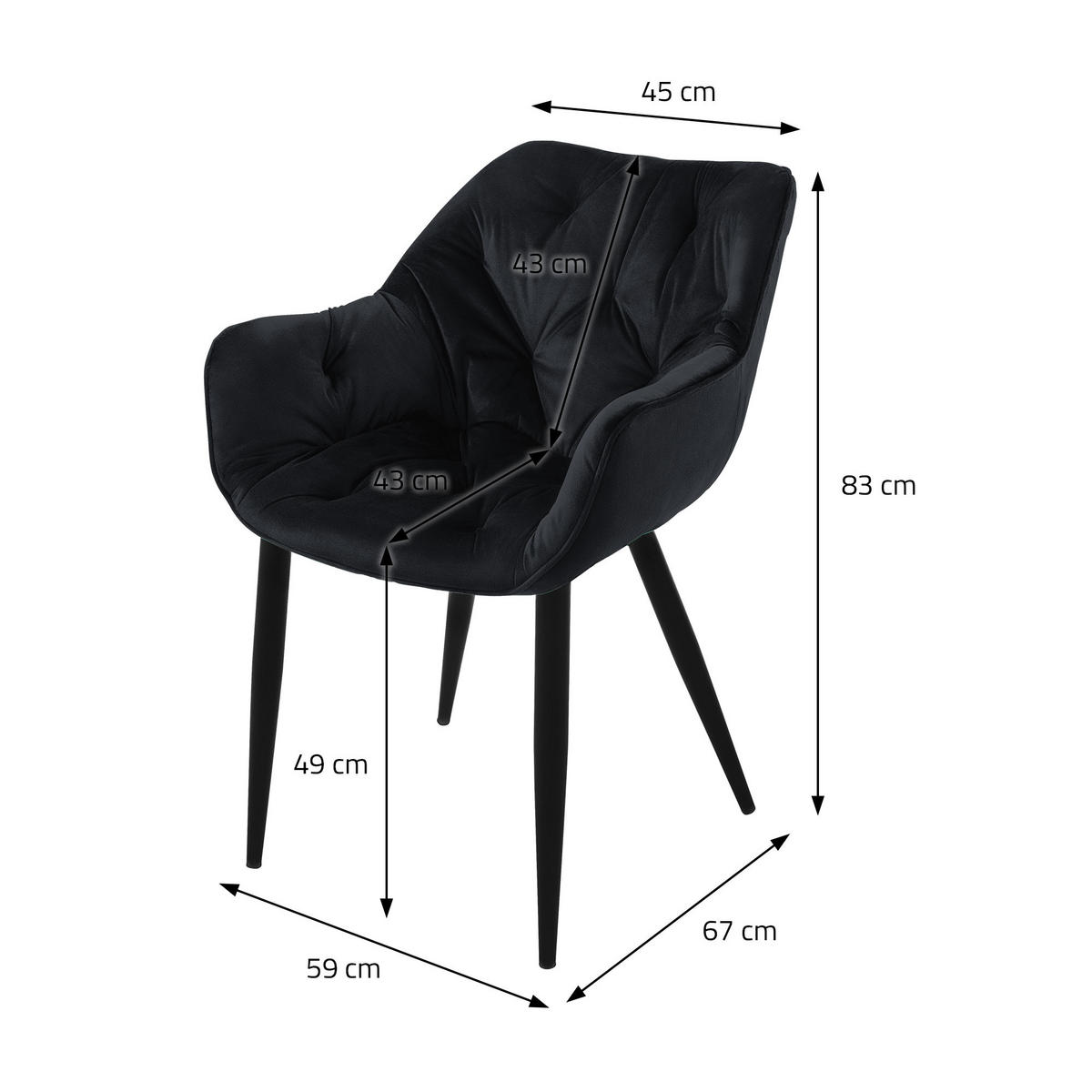 ESSZIMMERSTUHL Samt Schwarz 6er Set - Schwarz, Metall (67/83/59cm) - ML-DESIGN
