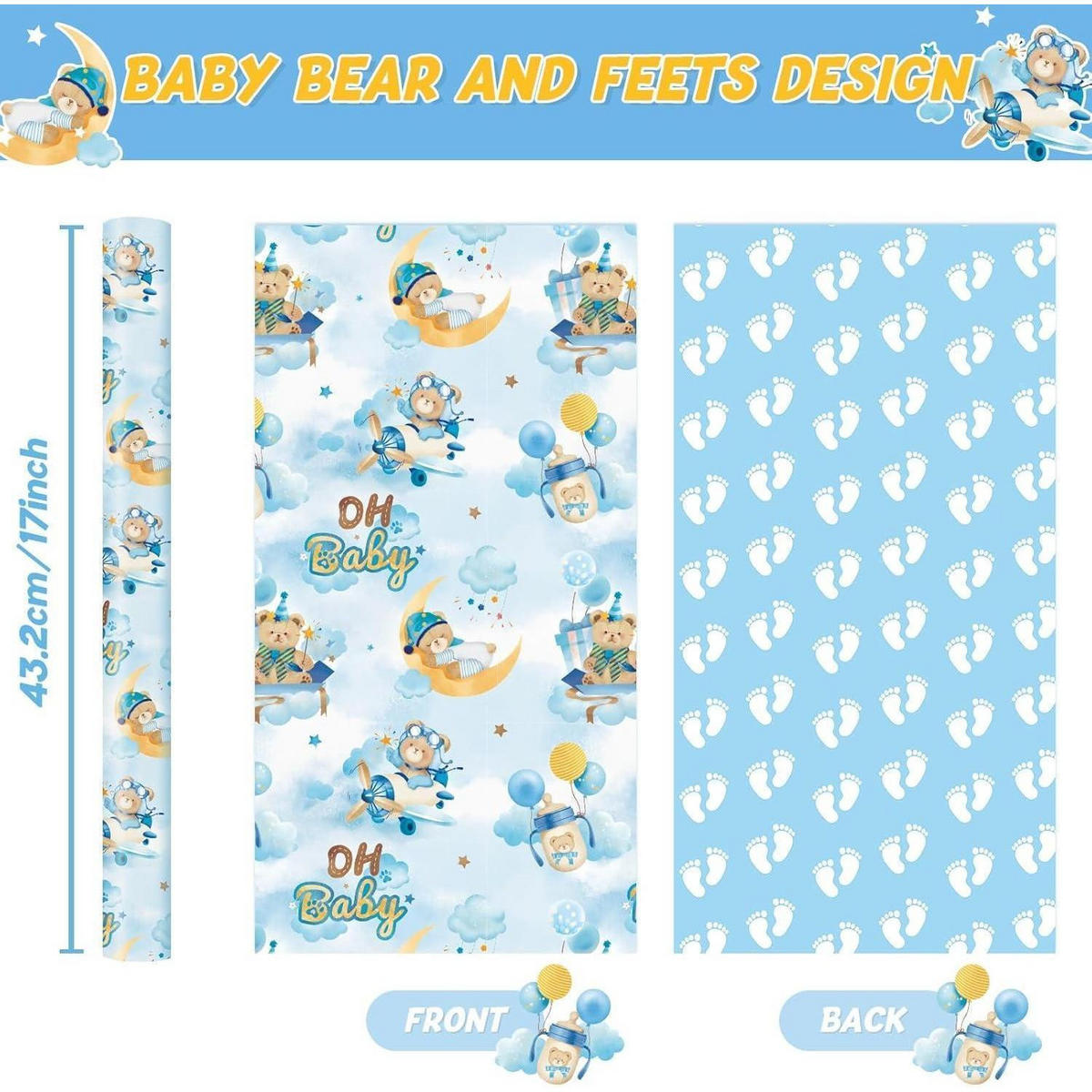 GESCHENKPAPIER Bärenmotiv 43 cm x 10 m - Blau, Papier (43/0.1/1000cm)