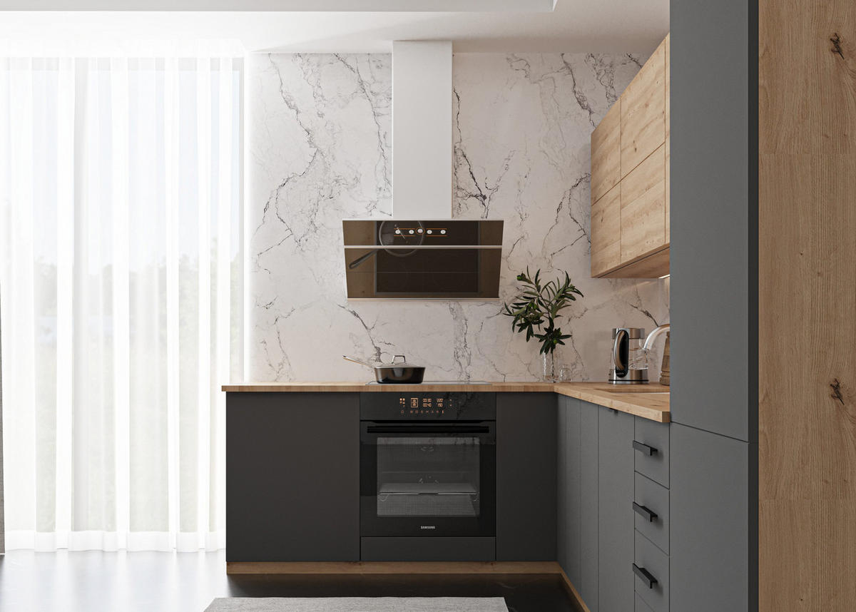 ECKKÜCHE 330 x 210 cm – Nexa K53-G330 – in Grau & Woodline / Matt - Schwarz/Eiche Artisan, Holz/Metall (330/212/58cm) - ROYAL24_MARKT