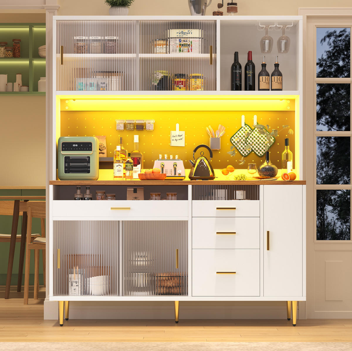 BUFFET 145/39/171 cm weiß aus MDF und Glas mit LED - Weiß, Glas (145/171/24cm) - OKWISH