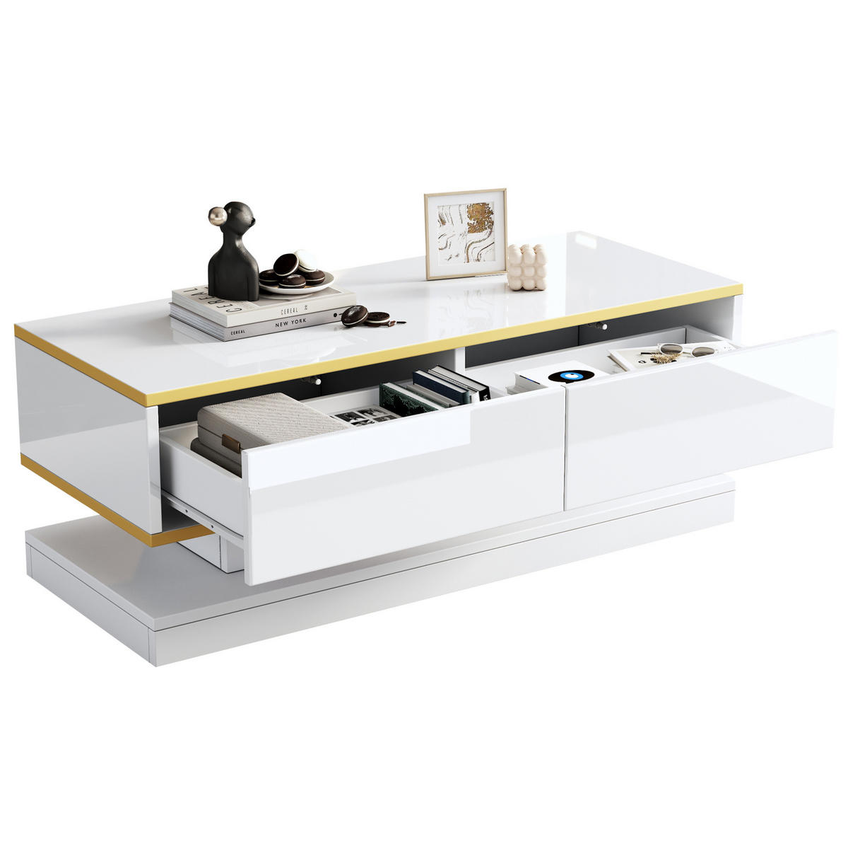 BUFFETSCHRANK 104/40/180 cm mit LED-Beleuchtung, verstellbaren Ablagen und Schiebetür aus MDF, Weiß - Silberfarben/Weiß, Holzwerkstoff/Metall (104/180/40cm) - Redom