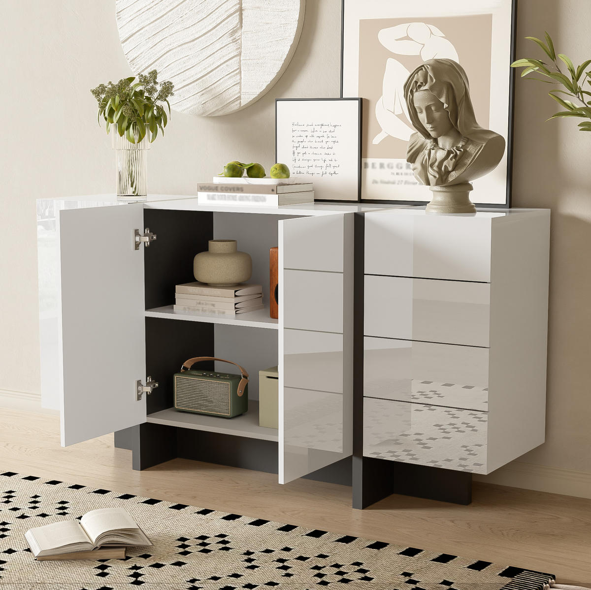 SIDEBOARD 150/40/80,5 cm mit 2 Türen & 4 Schubladen in Weiß Hochglanz - Weiß, Holzwerkstoff (150/80.5/40cm) - BEAOK