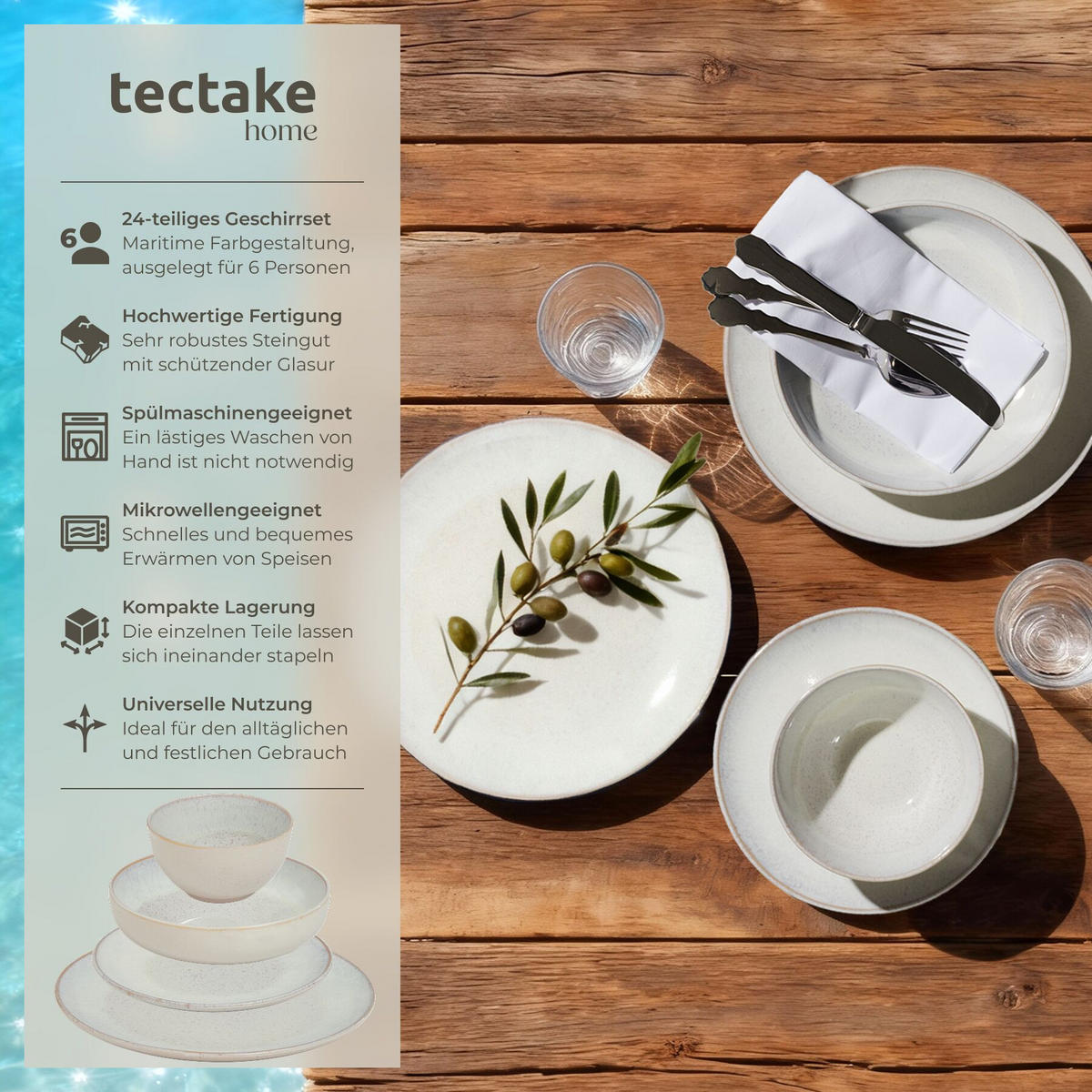 TAFELSERVICE Mare, ineinander stapelbar, Sand - Sandfarben, Keramik (26.5/2.5/26.5cm) - tectake