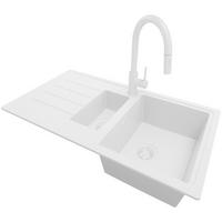 GRANITSPÜLE Kopenhagen Duo, 2-er set Alles Weiß 90/50 cm 1,5 Becken + Küchenarmatur 40/20 cm + Ablauf-Set ab 60er Unterschrank - Weiß, Kunststoff (90/19/50cm) - Primagran